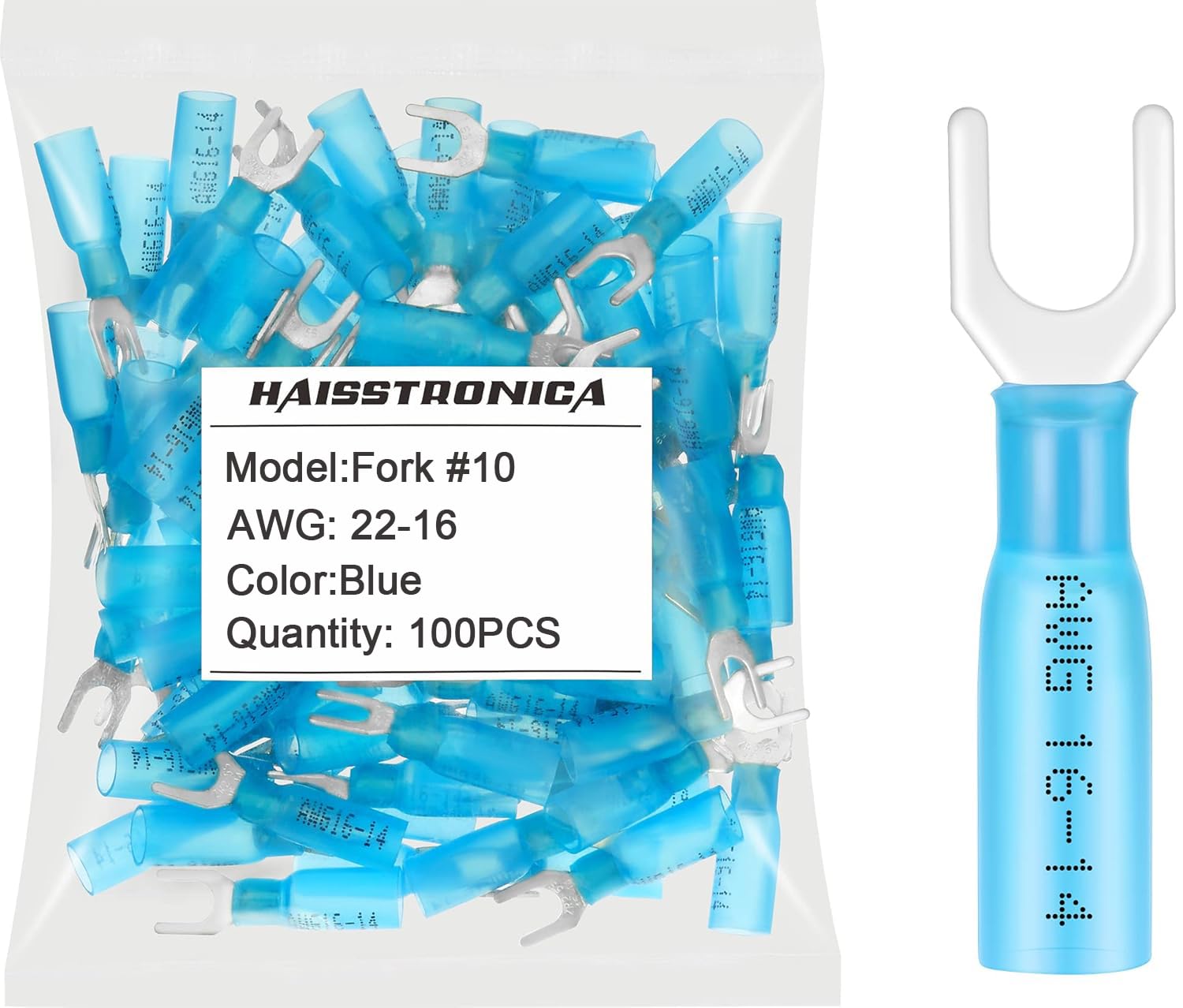 haisstronica 100PCS Heat Shrink Fork Terminals, 16-14 AWG, #10, Blue