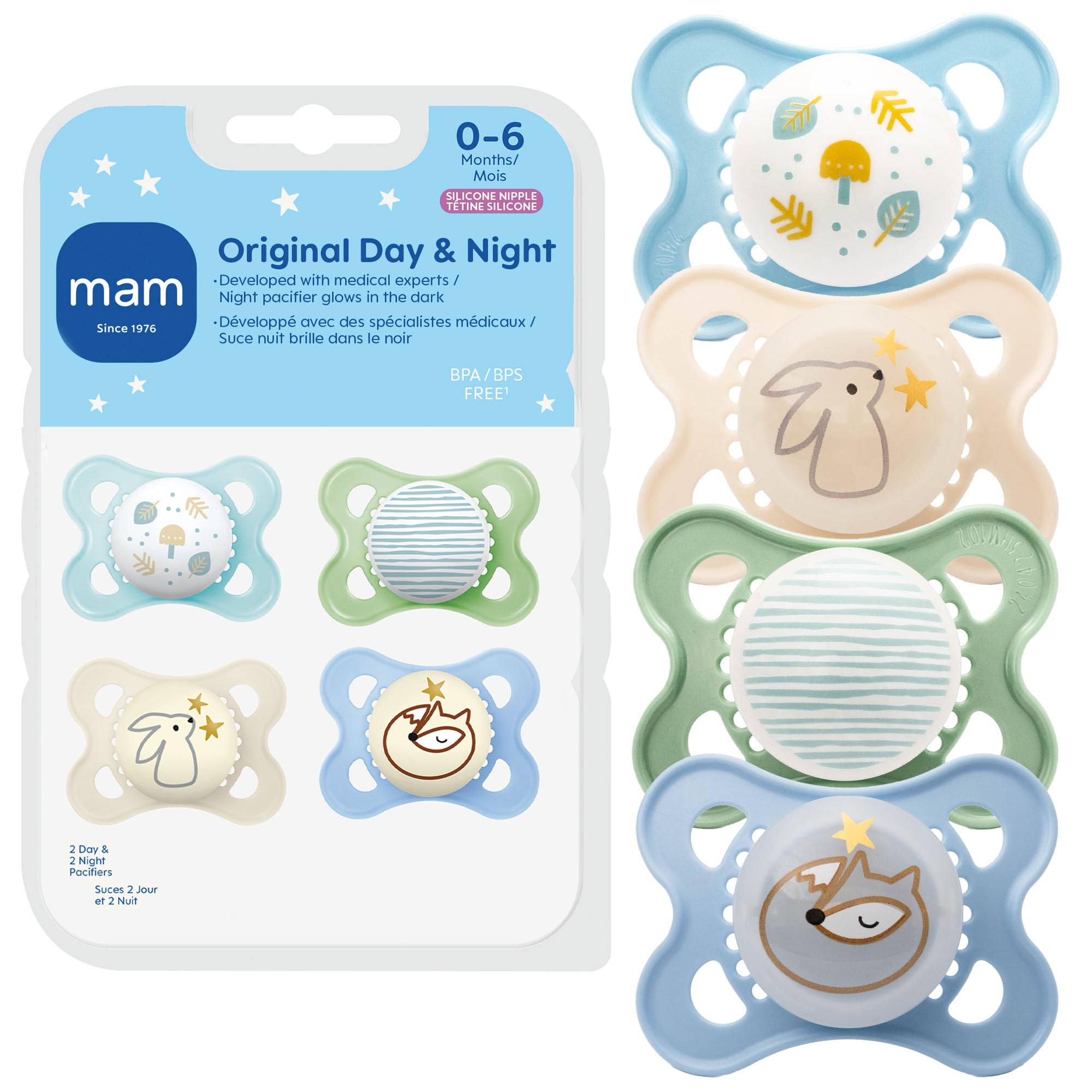 MAM Original Baby Pacifiers 0-6 Months, Glows in The Dark, 4 Pack