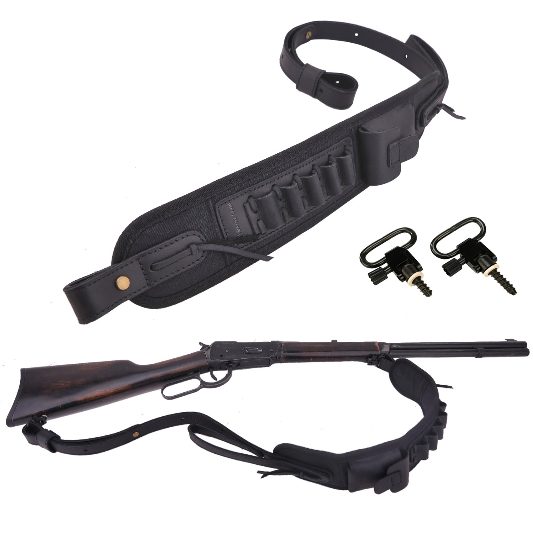 Leather Ammo Holder Rifle Sling Hunting Gun Strap for 30/30 .357 .45 .45-70 .22 12GA 20GA (Black with Swivels, .308 .30-06 .45-70)