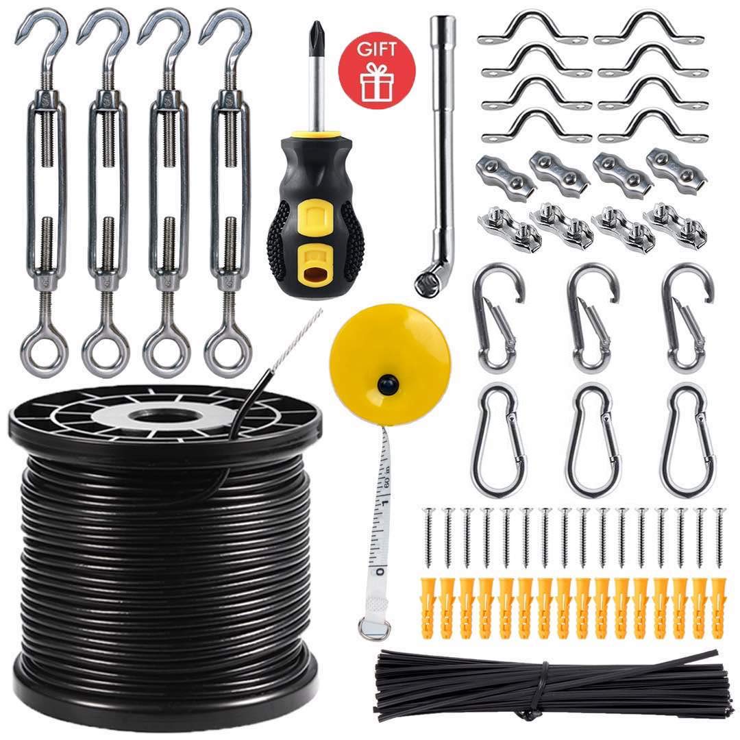 Newleray String Light Hanging Kit,Guide Wire for Outdoor String Lights, Shade sail Hardware kit,with 164 Ft Nylon Coated Stainless Steel 304 Wire Rope