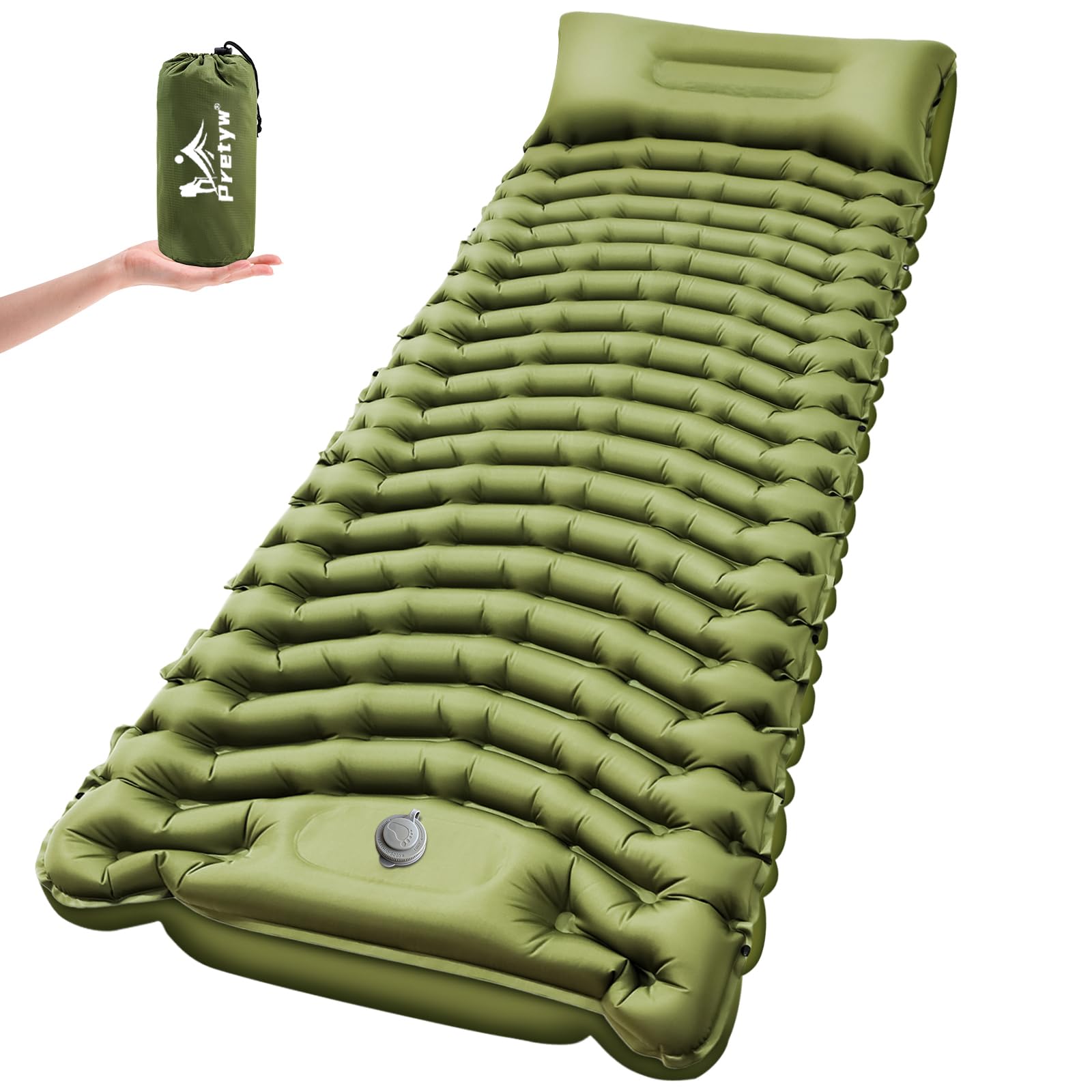 Pretyw Ultralight Camping Sleeping Pad with Pillow & Built-in Foot Pump