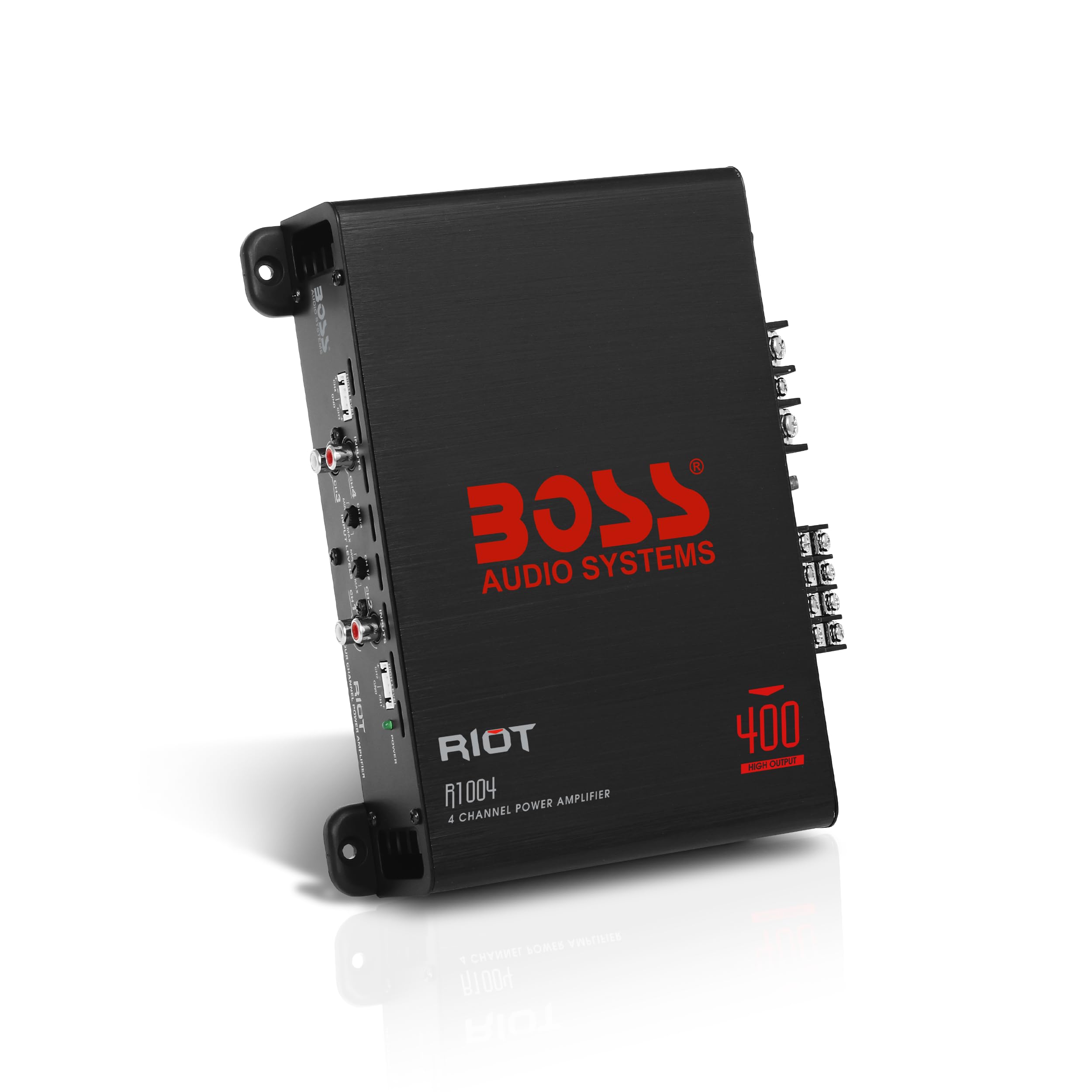 BOSS Audio Systems R1004 Riot Series 4 Channel Amplifier Car Audio - Class A/B, 400 High Output, 2-8 Ohm Stable, High/Low Level Inputs, Full Range