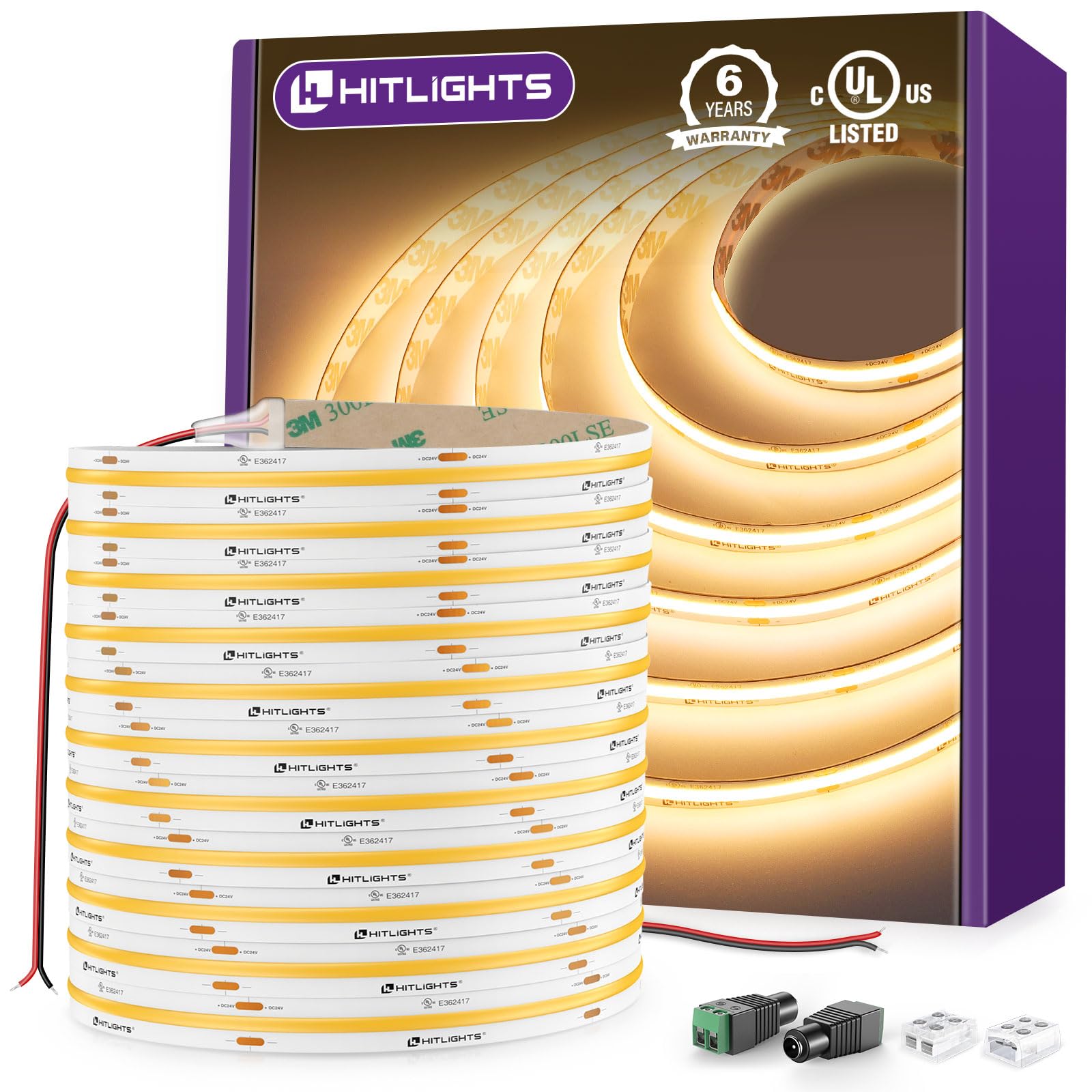 HitLights COB LED Strip Lights Warm White 3000K, 32.8ft Premium High Density 24V Tape Light, 5120 LEDs, 350+ LM/FT, CRI 90+, IP30, Lighting for Kitchen, Cabinets, UL Listed (Power Source Not Included)