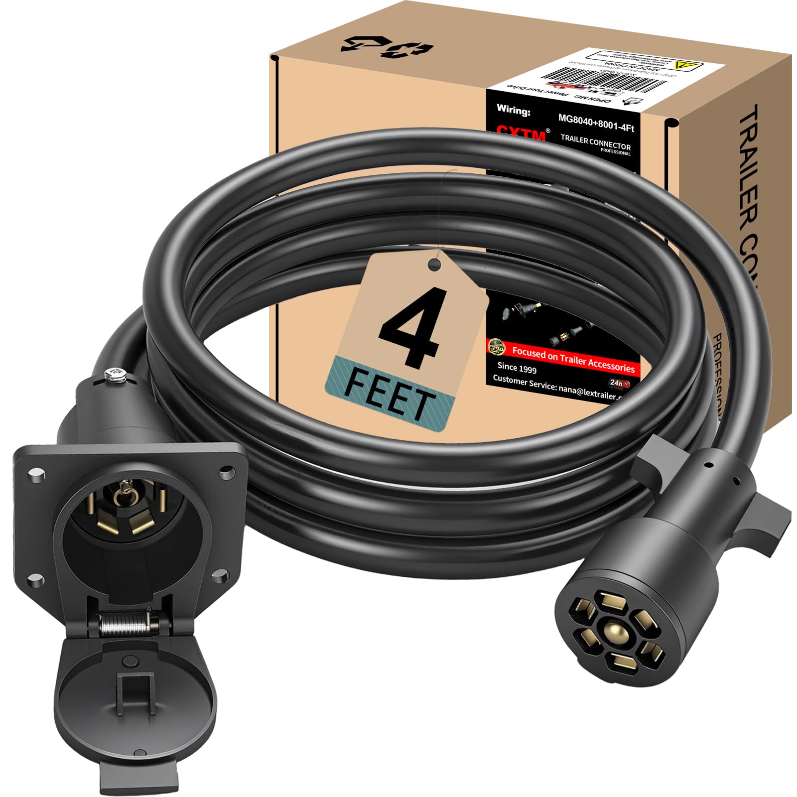 CXTM 7-Way Trailer Extension Cord Wire Cable(4FT), 7 Way Trailer Plug Socket Extension Cable, Wiring Harness 7 Prong Tow Wiring Connector Cord 7 Blade Trailer Wiring Connector Cord Wire (4ft)