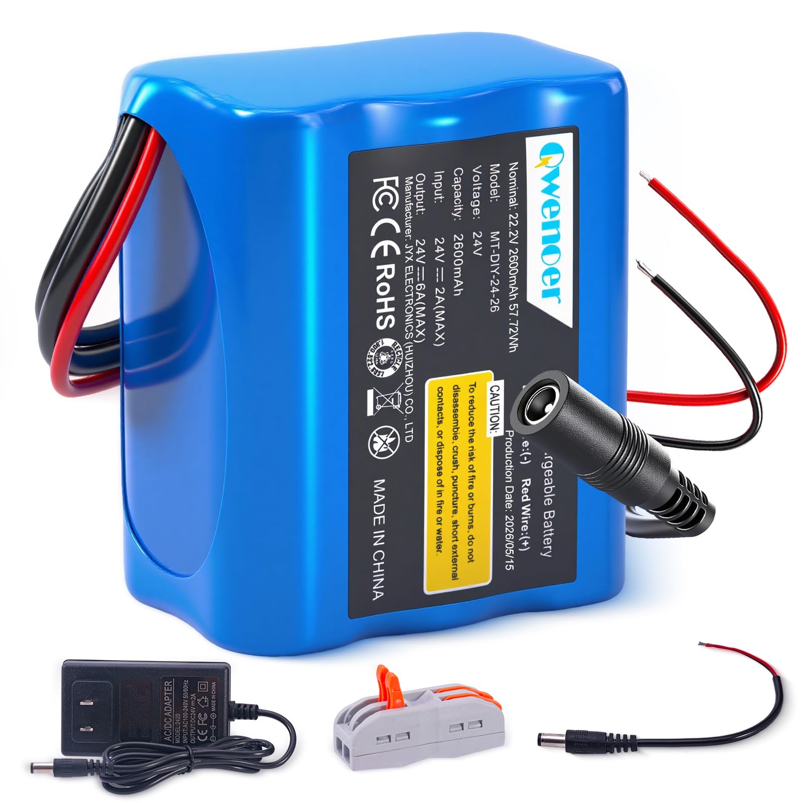22.2V-24V 2.6Ah Lithium Battery, 22.2V-24V Rechargeable Li-ion Battery with Charger, Bare Leads Wire, Cable Connector for Kids Ride On Cars, DIY Project, Solar Panels, LED Light Strip, CCTV Camera