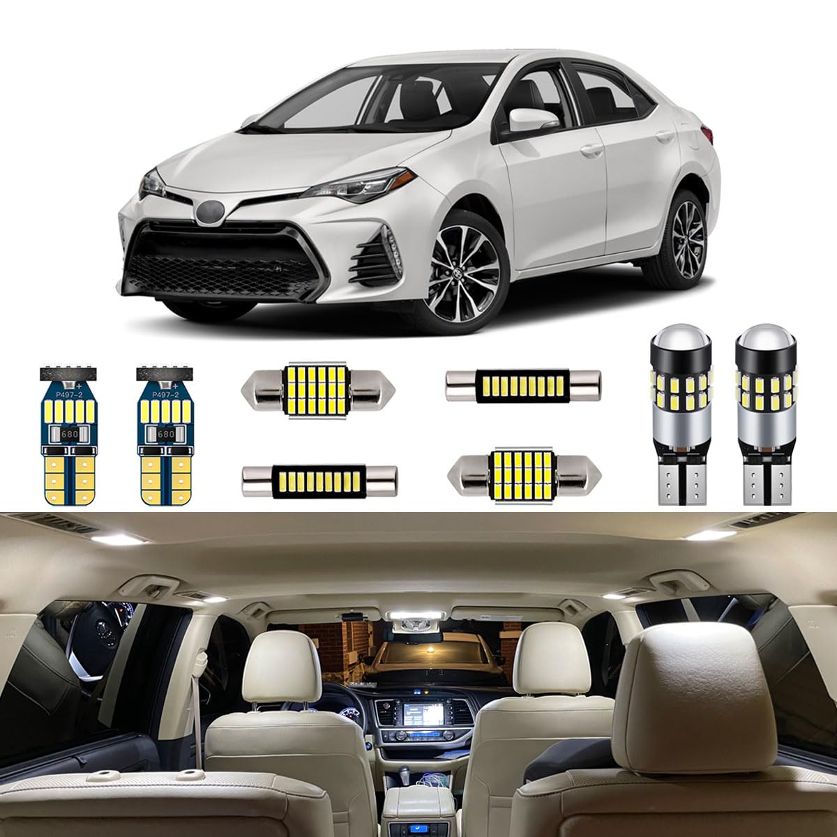 AUTOGINE 6 Piece White Interior LED Lights Kit for Toyota Corolla 2013 2014 2015 2016 2017 2018 2019 2020 2021 2022 Super Bright 6000K LED Interior Light Bulbs Package + Install Tool