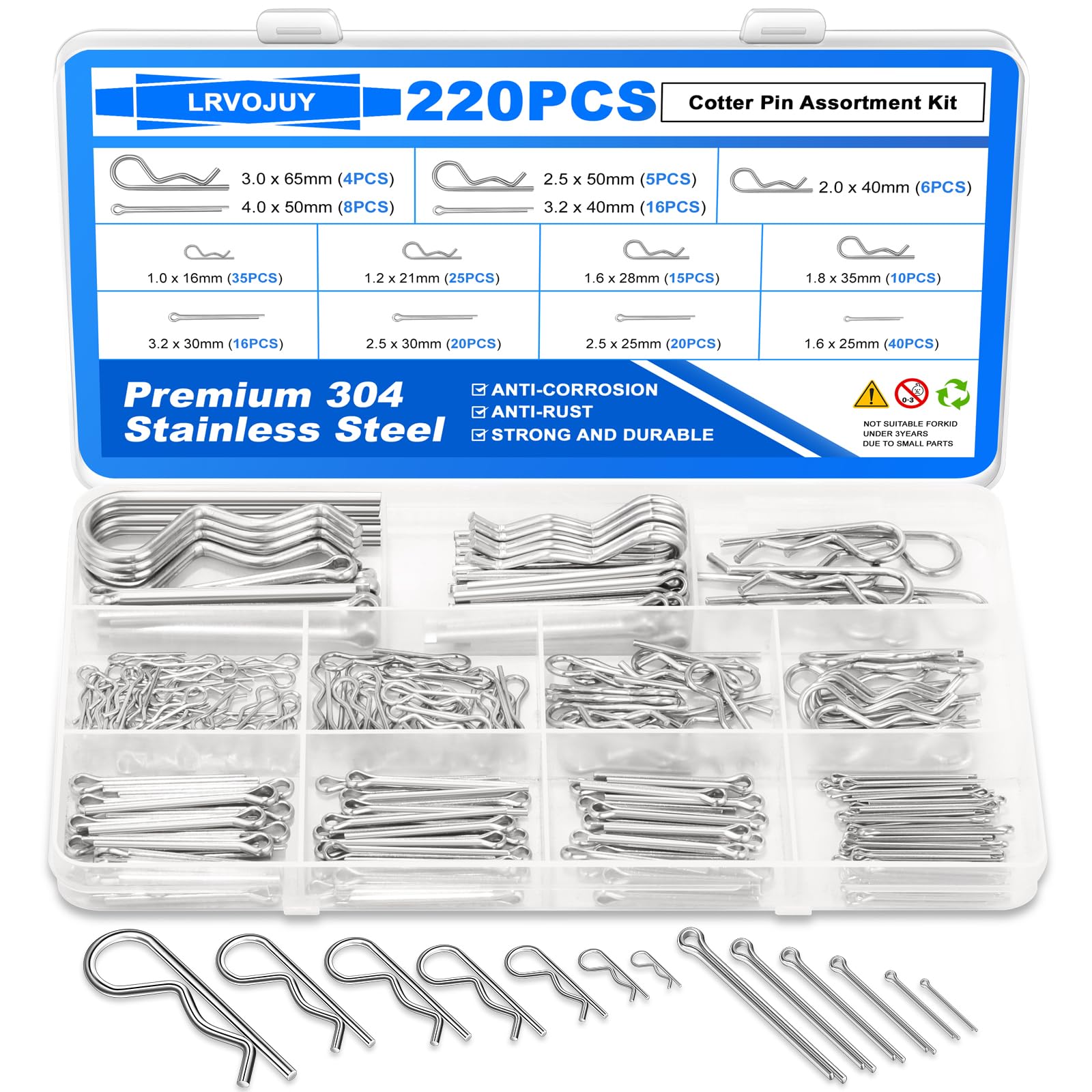LRVOJUY Cotter Pin Assortment Kit, 220PCS Cotter Pins 13 Sizes Premium 304 Stainless Steel Heavy Duty R Clips & Hairpin Split Pin Set, Hardware Pins for Automotive, Trailer, Pin Lock System