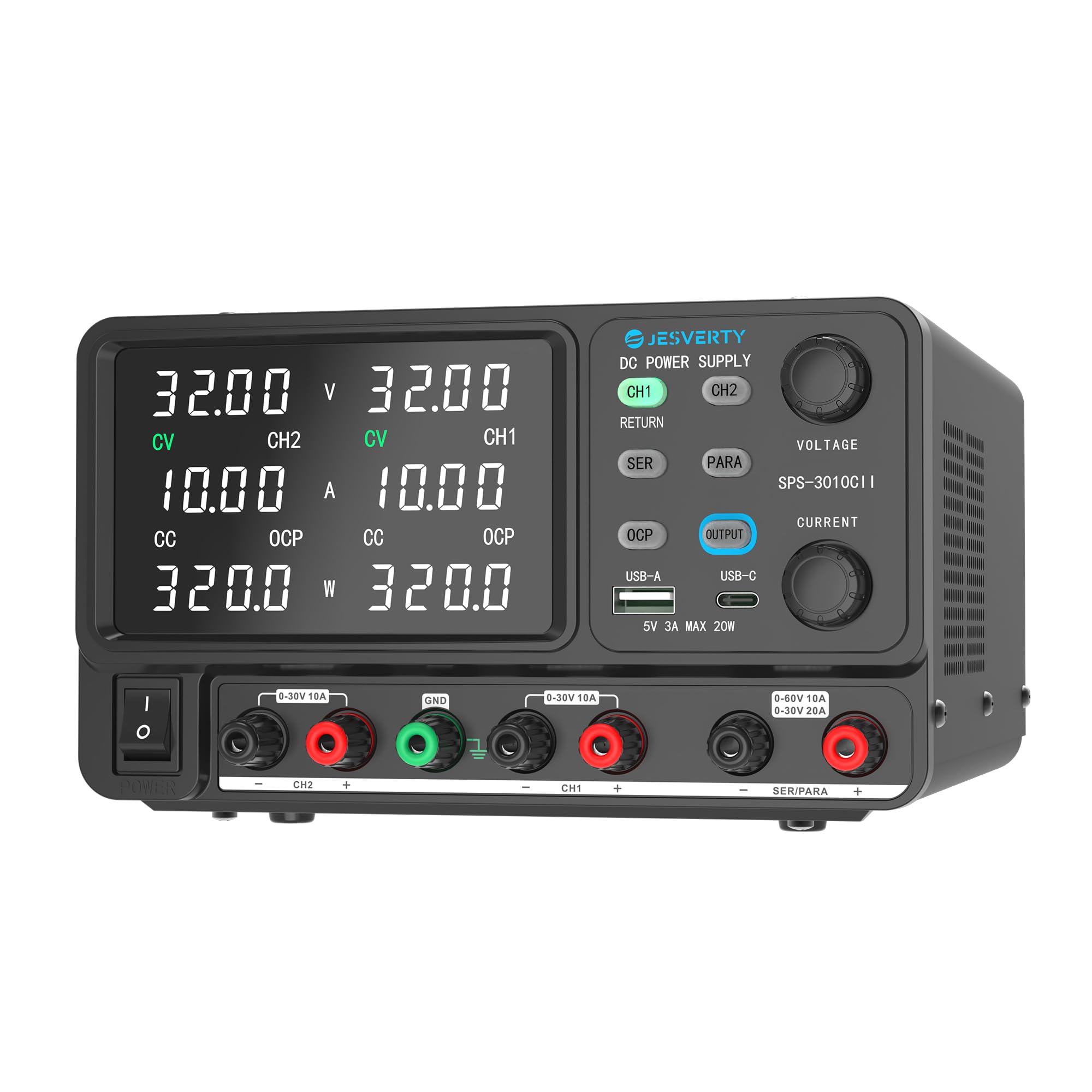 Jesverty DC Power Supply Variable, Dual Output 0-32V 0-10A Switching Bench Power Supply with Serial(62V 10A)/Parallal(32V 20A) Output Combination, 20W USB A&C Quick-Charge, Encoder Knob