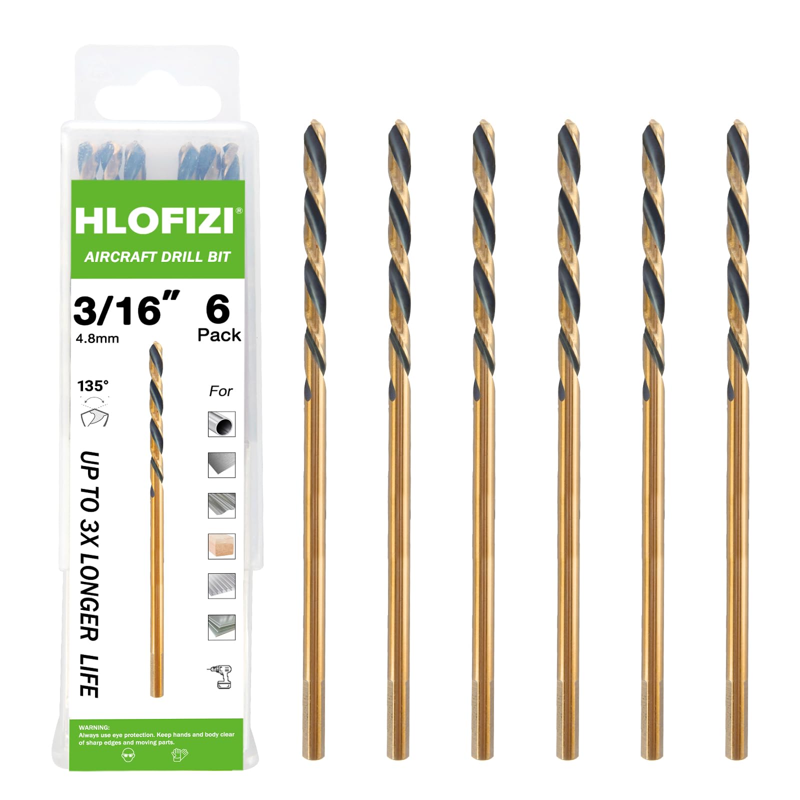 HLOFIZI 3/16" x 6" Extra Long Drill Bit (6 Pack), Aircraft Extension Drill Bits M2 High Speed Steel for Wood, Soft Metal, Plastic