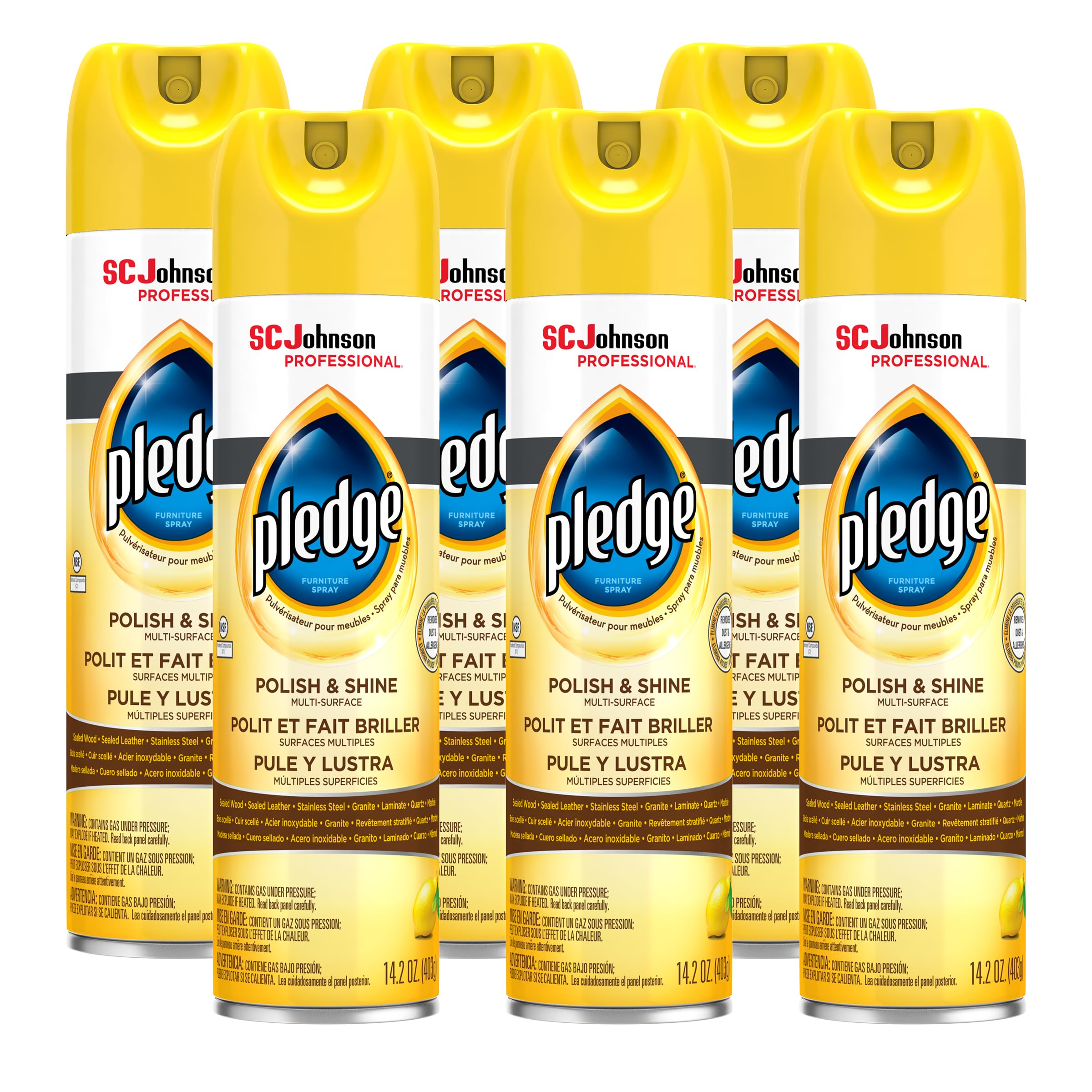 SC Johnson Professional Pledge Polish and Shine for Wood Furniture and More, Lemon Scent, 14.2 Fl Oz, Pack of 6