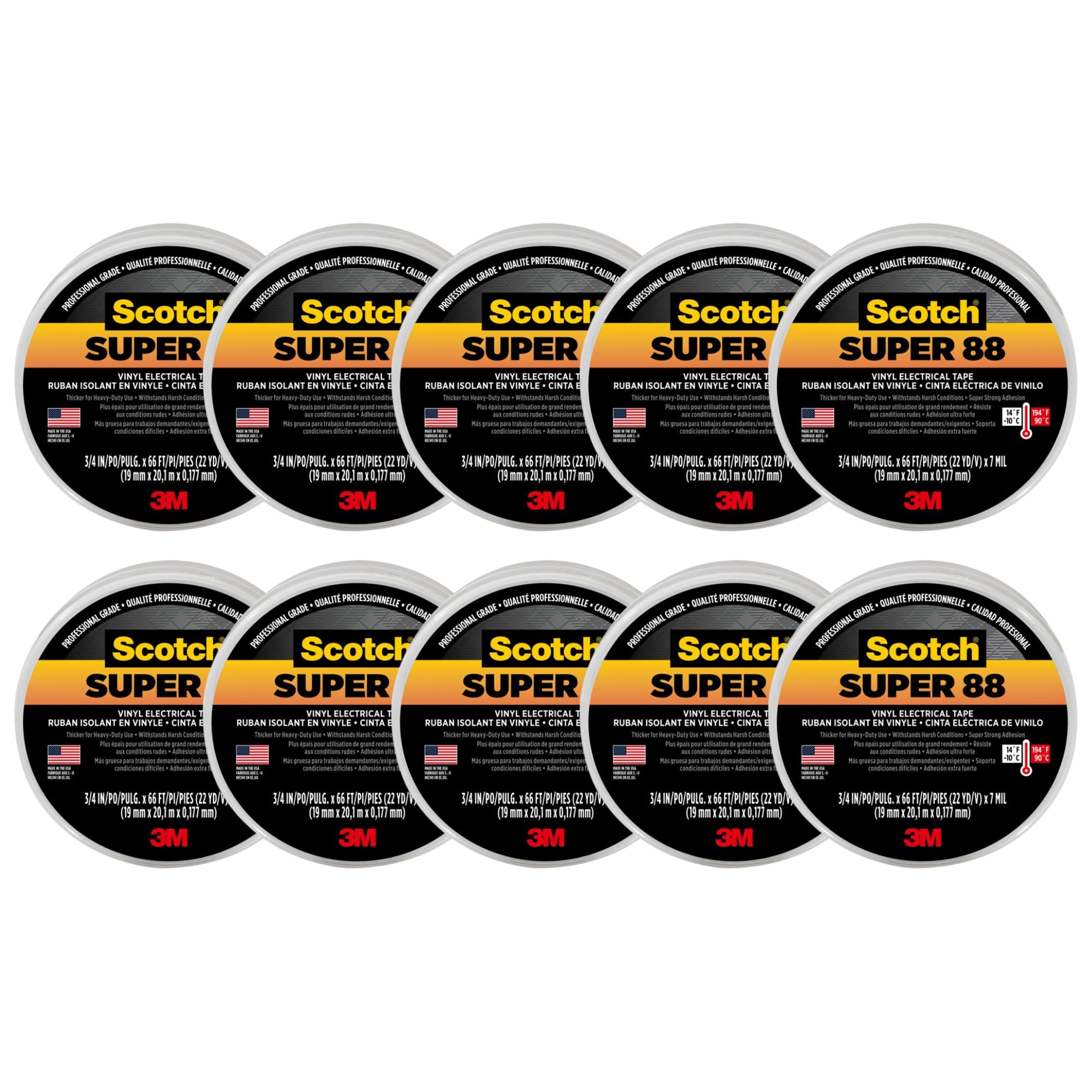 3M Scotch Super 88 Vinyl Electrical Tape, -18 to 105 Degree C, 10000 mV Dielectric Strength, 66' Length x 3/4" Width, Black (Pack of 10)