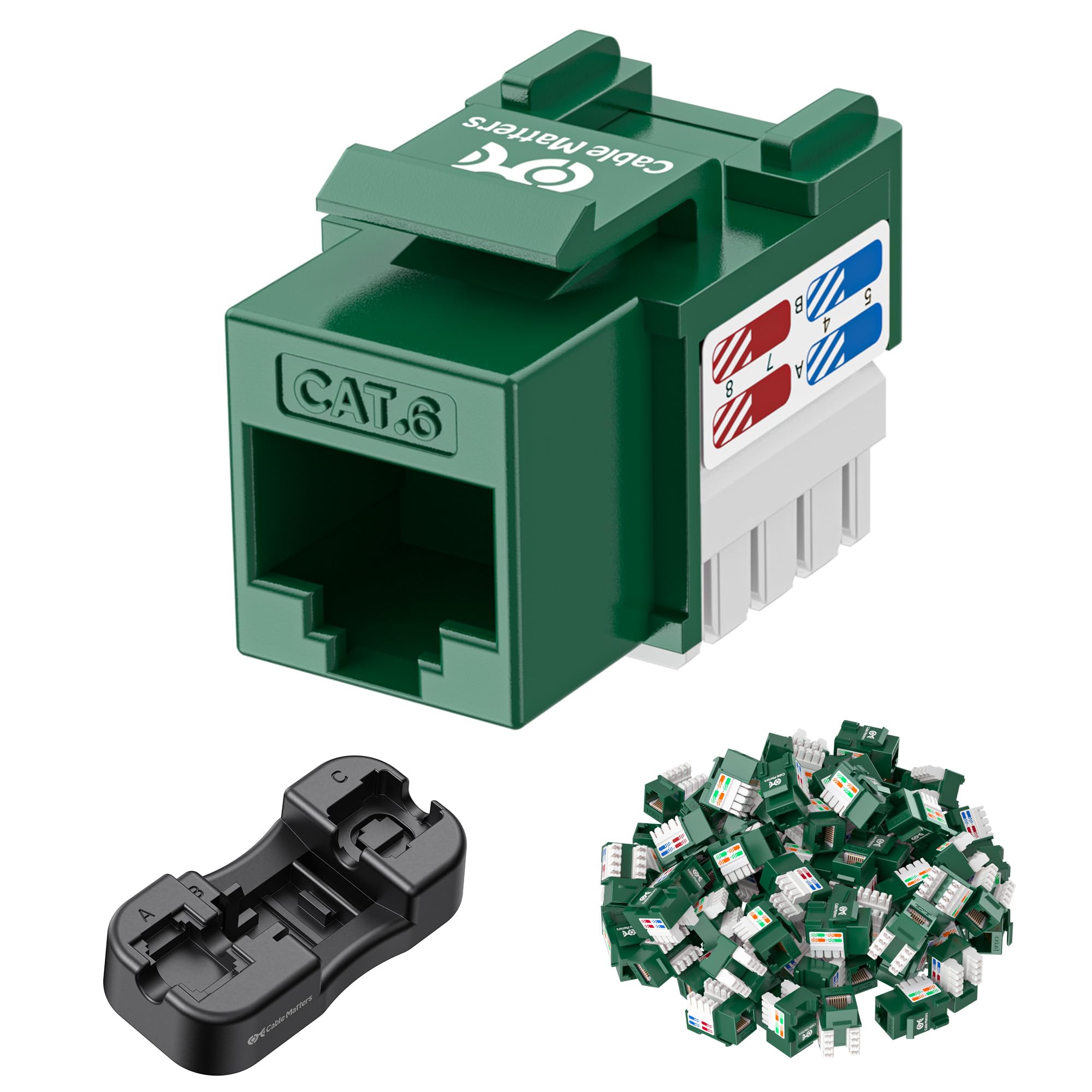 Cable Matters [UL Listed] 25-Pack 10Gbps Cat6 Keystone Jacks, RJ45 Keystone Jack, Ethernet Modular Jack in Green with Punch-Down Stand for Patch Panel and Wall Plate