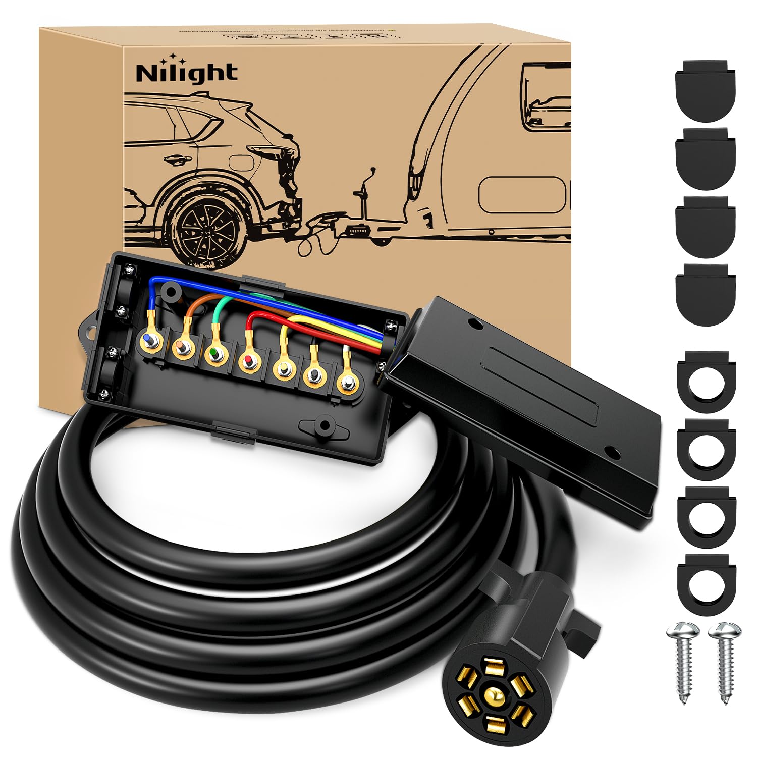 Nilight Heavy Duty 7 Way Inline Trailer Plug Extension 8FT w/Junction Box | Waterproof 7Pin RV Round Wiring Harness Extend Vehicle and Trailer Side Towing Car Color Coded for Campers Caravans Vans