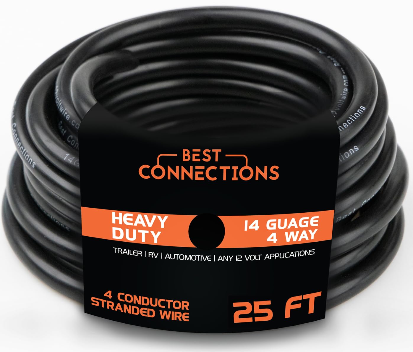 BEST CONNECTIONS 4 Way Trailer Wire (25 Feet) – Heavy Duty 14 Gauge 4 Conductor Insulated Cable – Durable, Weatherproof, Color-Coded 4 Way Trailer Wiring Extension for RV Trailer and Automotive