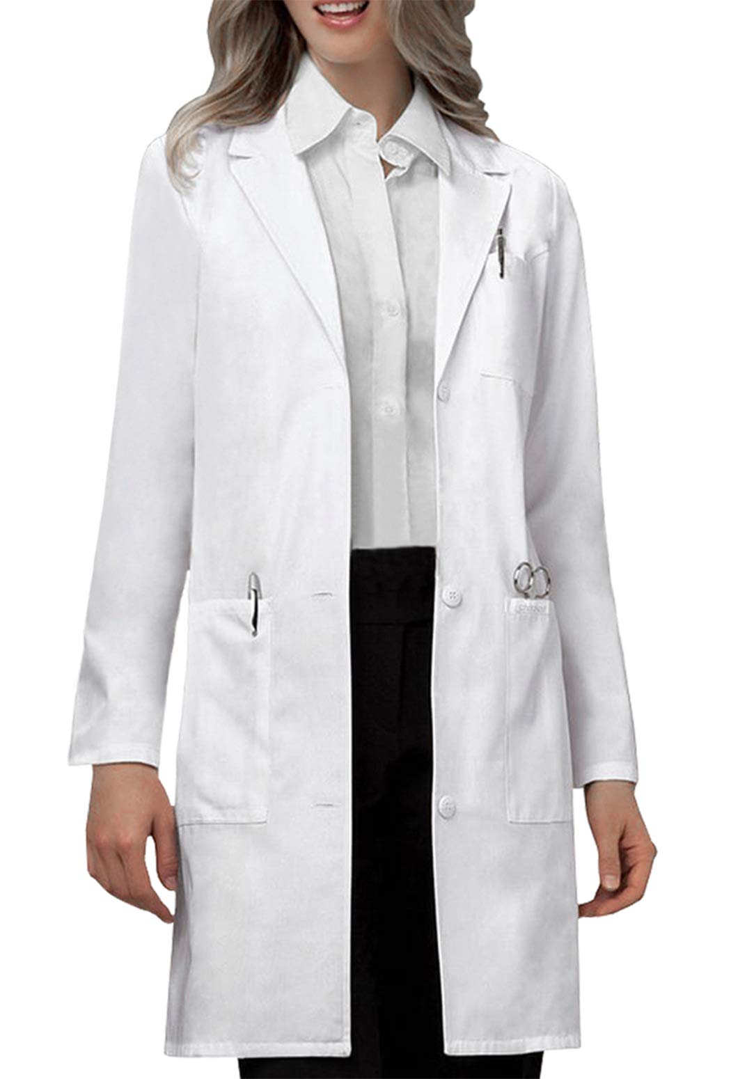 VOGRYE Womens Medical Lab Coat Three Pocket Long Sleeve Button Front White