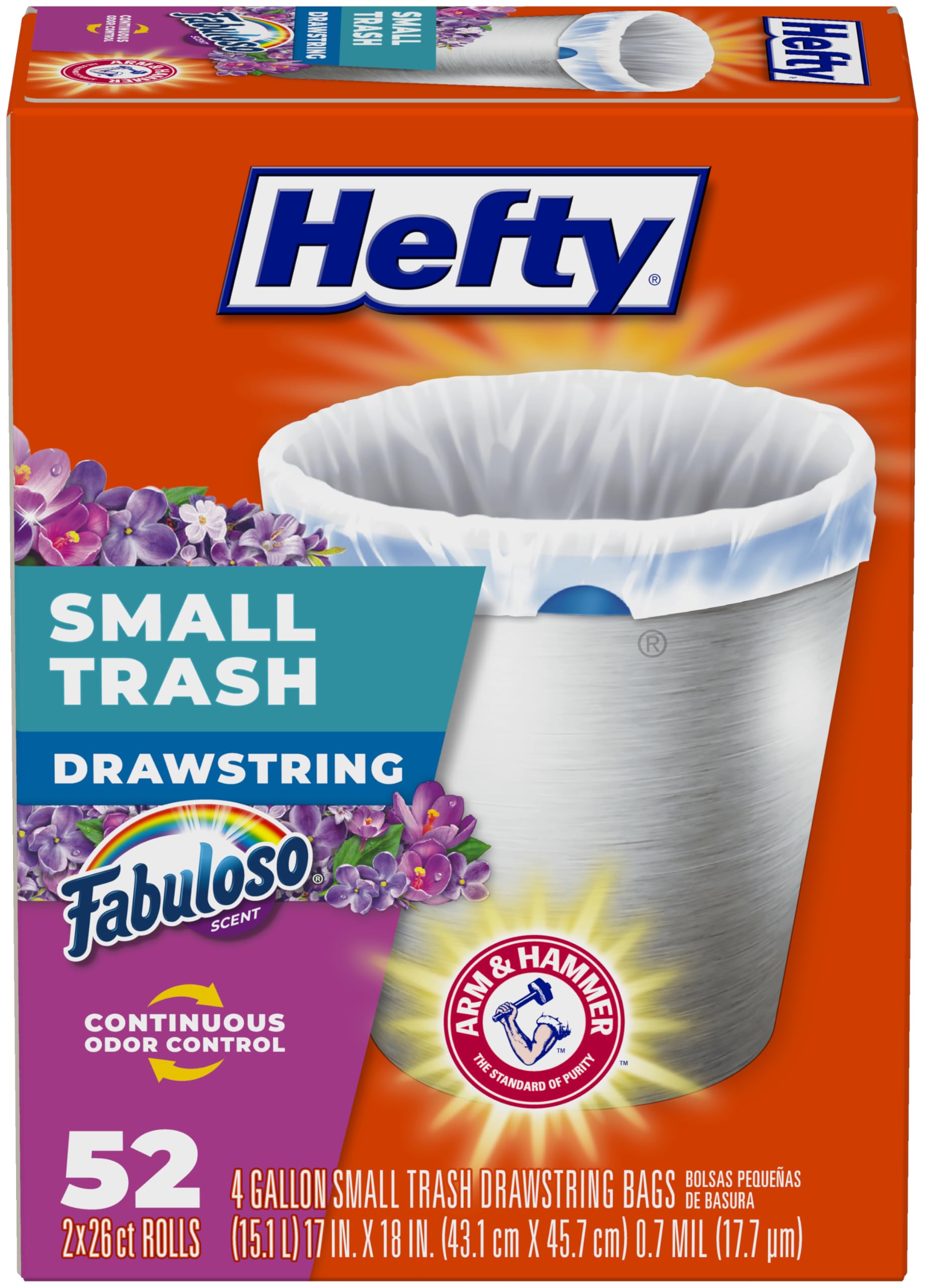 Hefty 4 Gallon Small Trash Bags, White, Fabuloso Lavender Scent, 52ct
