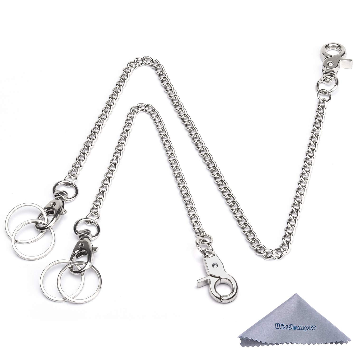 Wisdompro Wallet Chain, 2 Pack (8 and 16 Inch) Heavy Duty Pocket Keychain with Both Ends Lobster Clasps and Extra 2 Rings for Keys, Wallet, Jeans, Pants, Belt Loop, Purse and Handbag - Silver