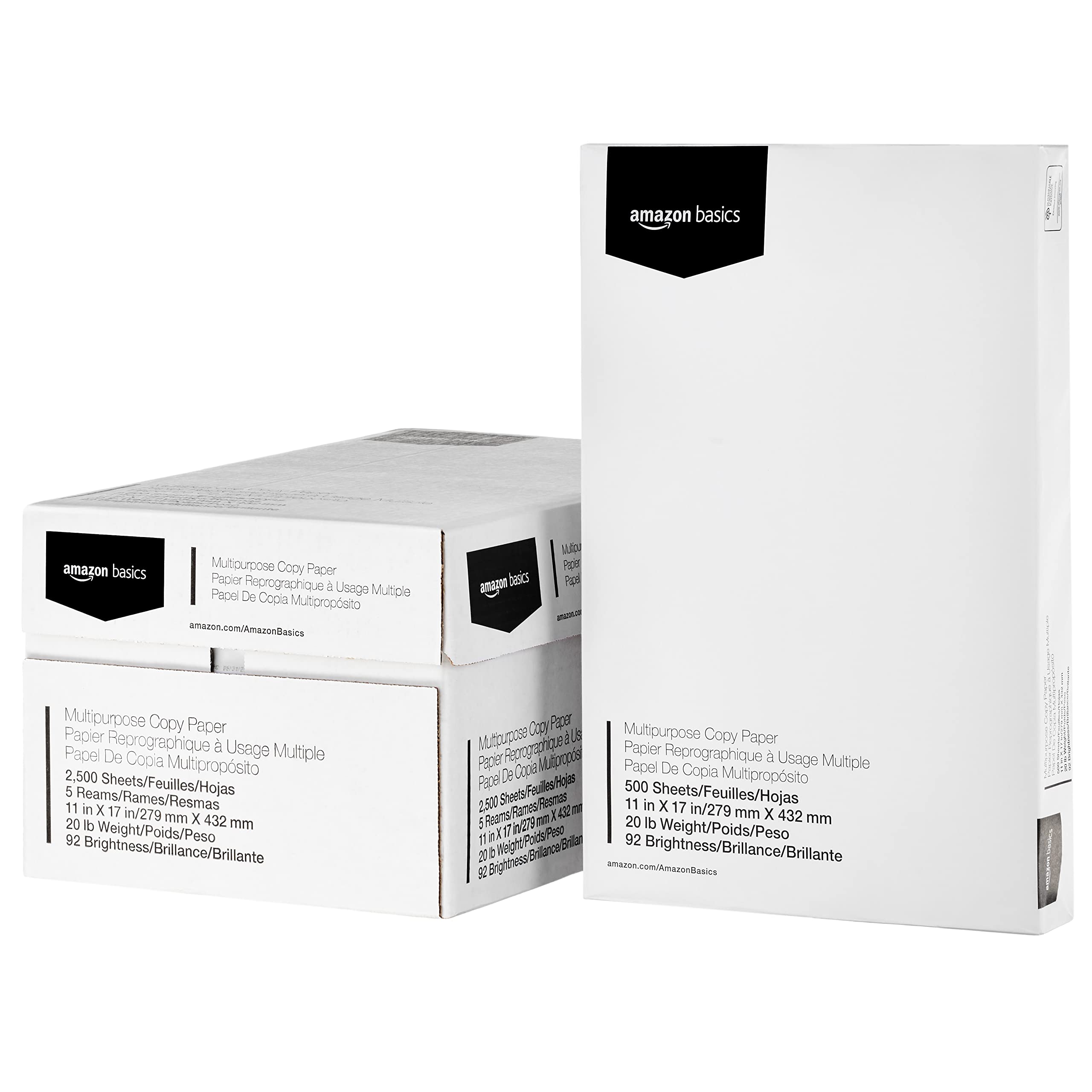 Amazon Basics Multipurpose Copy Printer Paper, 20 lb, 11 x 17 Inches, 5 Reams (2,500 Sheets), 92 Bright White