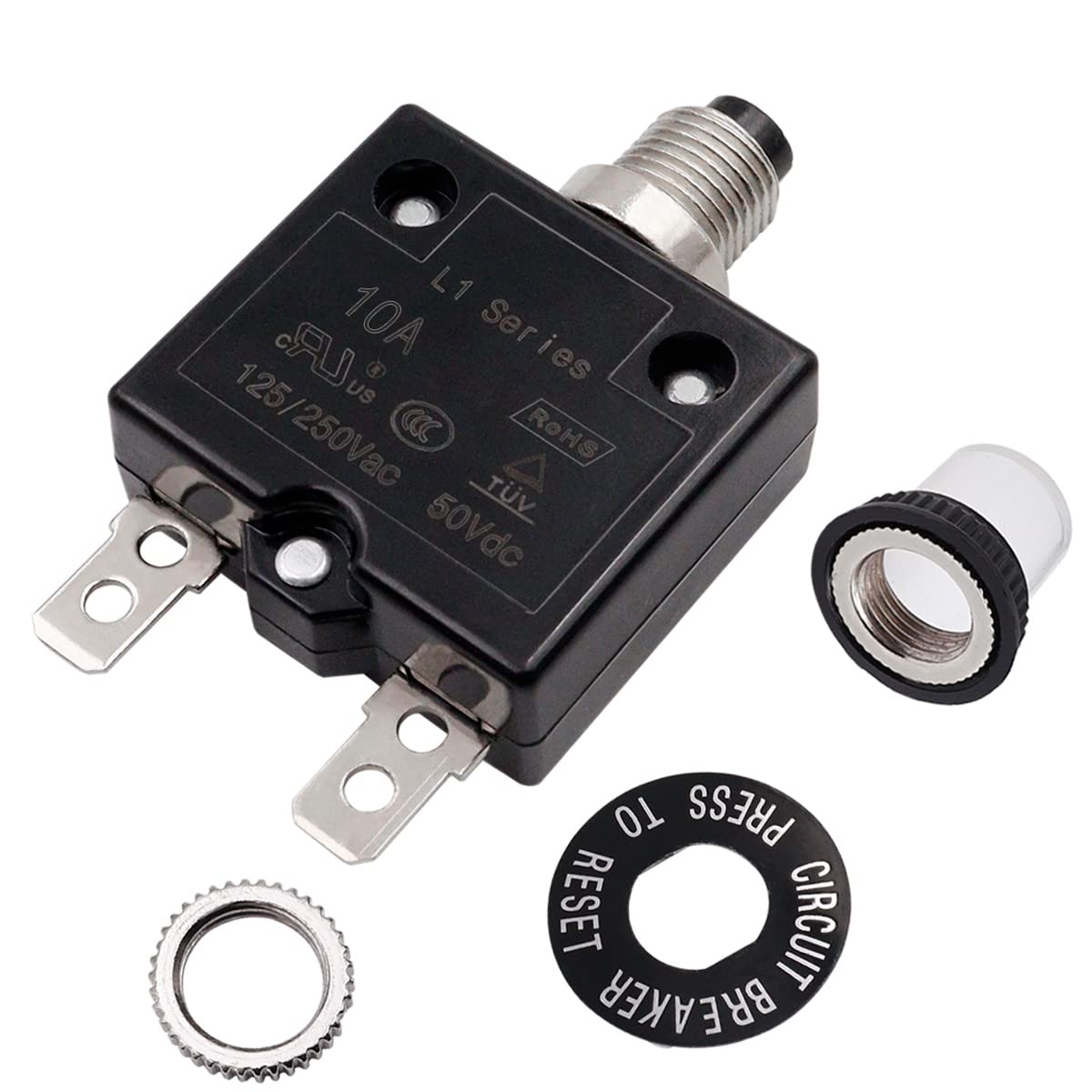 smseace 10Amp Electric Button Breaker 125/250VAC,Thermal Overload Protector L1 Series with Manual Reset, Waterproof Button Cap L1-10A