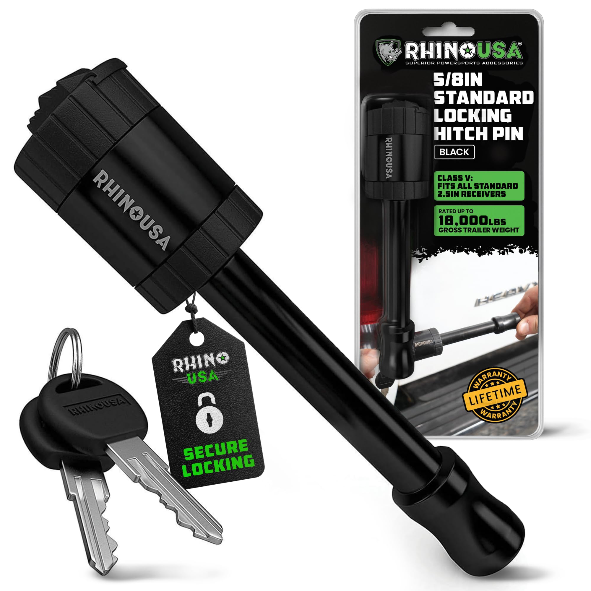 Rhino USA 2.5” Trailer Hitch Pin – Patented 5/8" Locking Receiver Pin for Class V Hitches – Weatherproof, Anti-Theft, Debris-Protected – Tow Truck Ready – Black 1PK