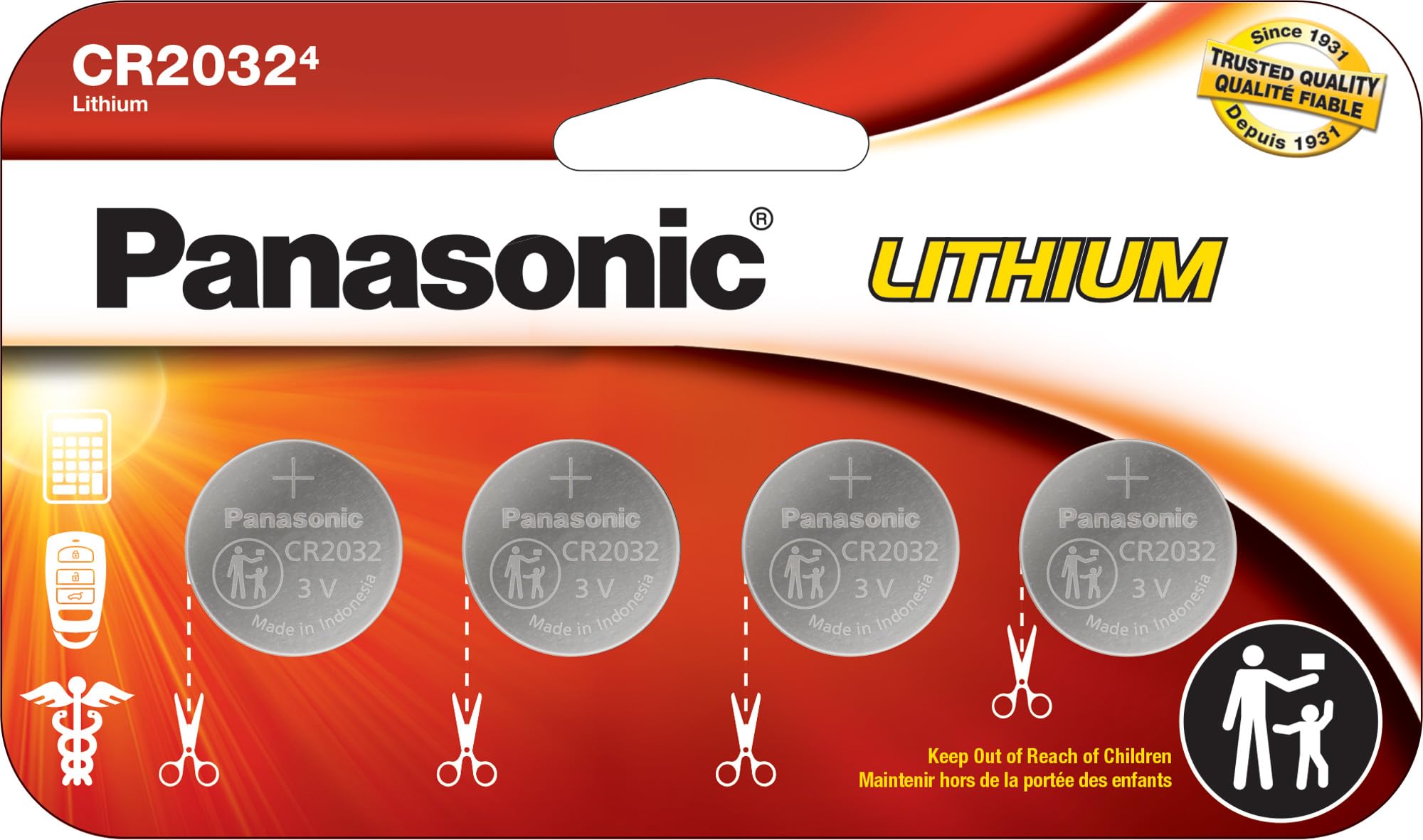 Panasonic CR2032 3.0 Volt Long Lasting Lithium Coin Cell Batteries in Child Resistant, Standards Based Packaging, 4-Battery Pack