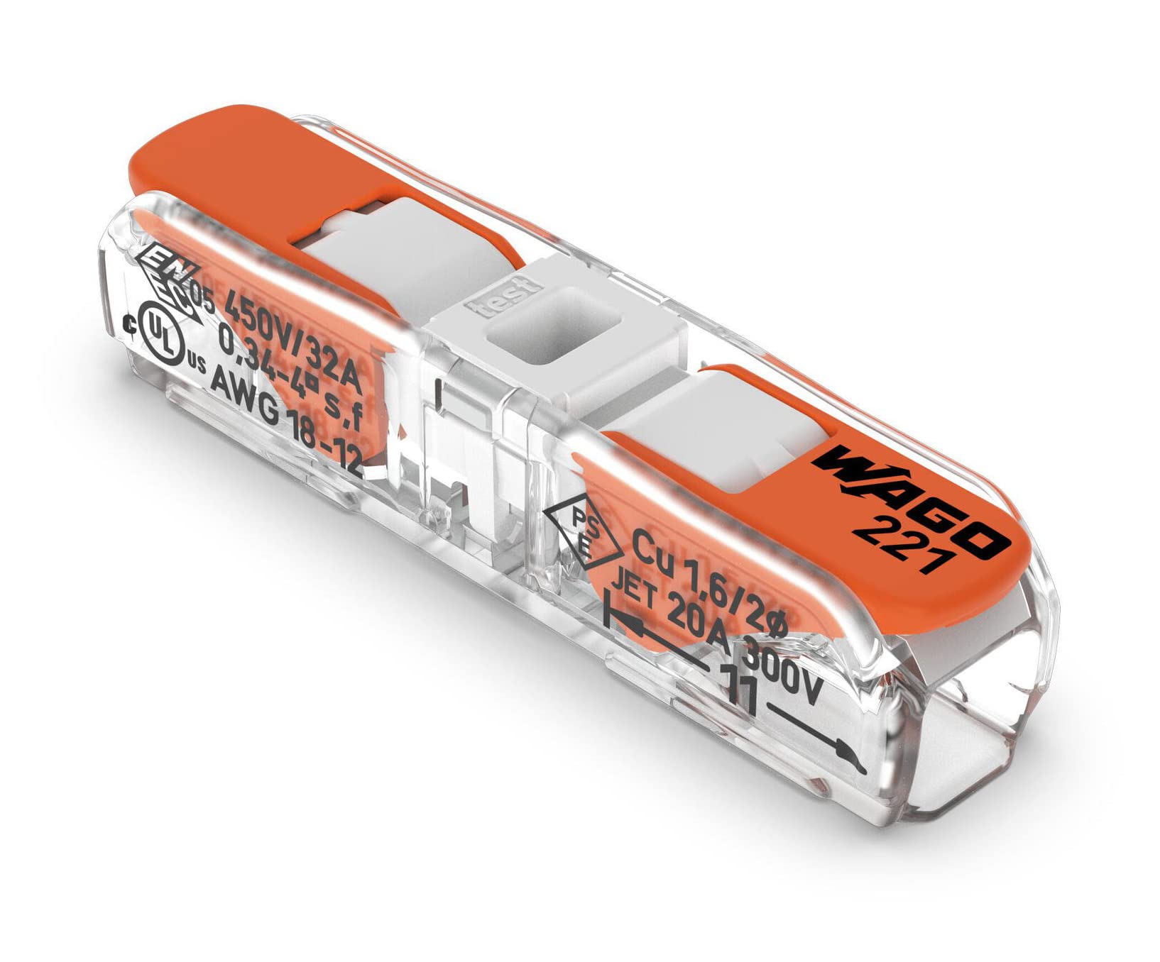 221-2401 | WAGO Lever-Nuts® Inline Splicing Connector | for Solid and Stranded Conductors | 2-Conductor with Operating levers | 20-12 A.W.G. | Transparent housing | White Cover | [Box of 60 Pieces]