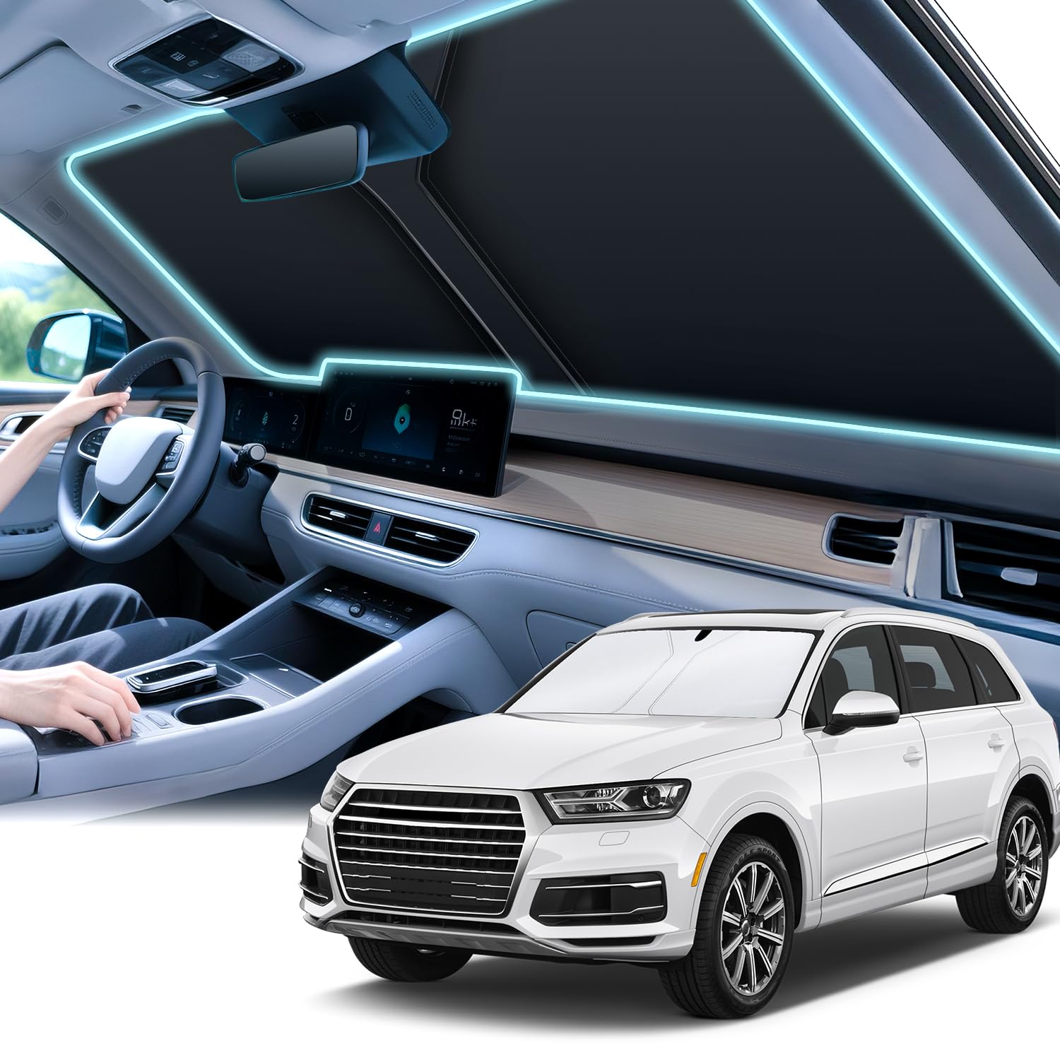 SINGARO 300T Universal Car Windshield Sun Shade, Foldable Reflective for Windshield & Window Shades with Overlapping Design, Car Interior Accessories (58" L x 32" W)