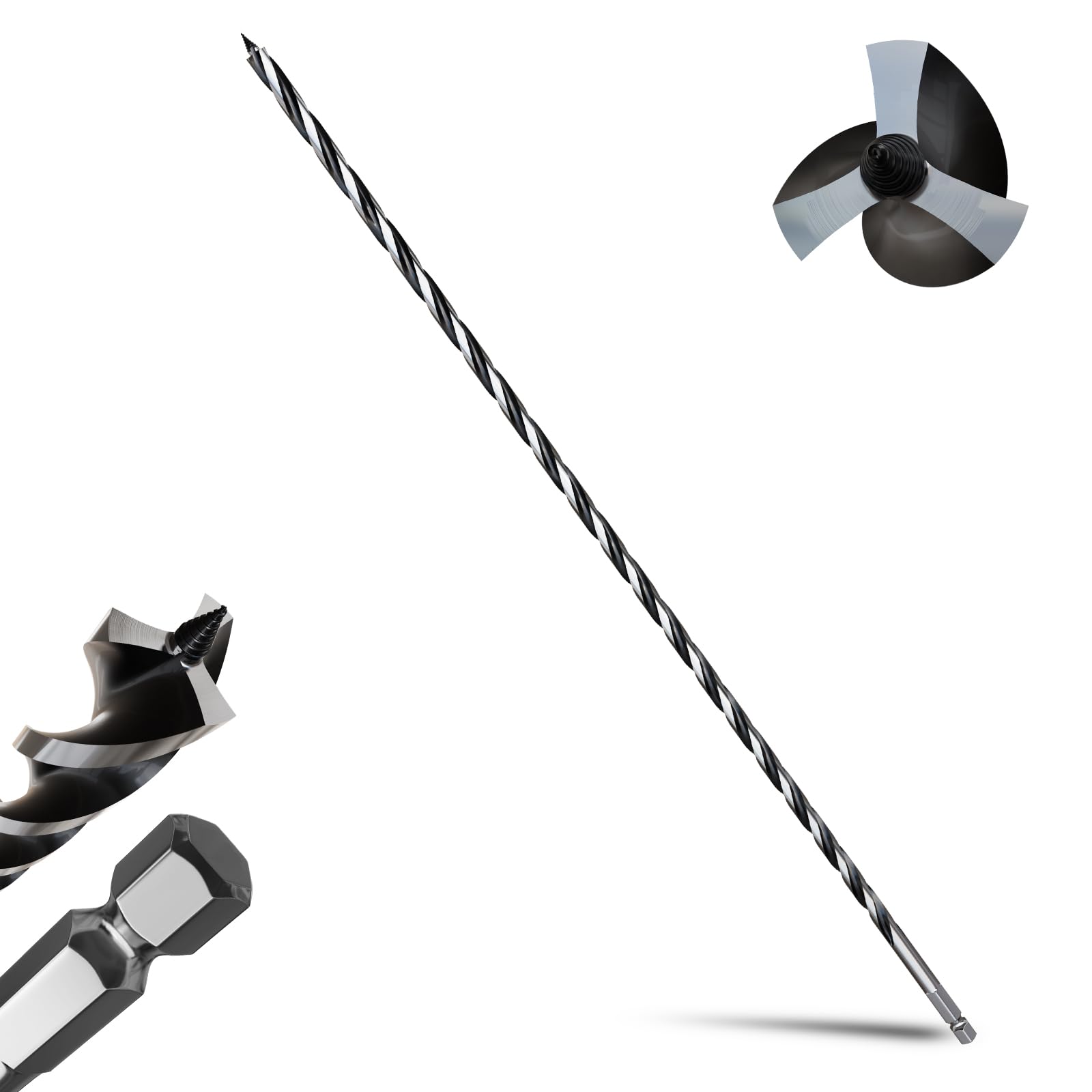 3/8"×24" Professional Auger Drill Bit for Wood with Quick Change 3/8" Hex Shank- 3-Cutter Design with Dual-Flute for Fast Chip Removal, Fits Hardwood, Softwood, PVC, Drywall & Tree Stumps