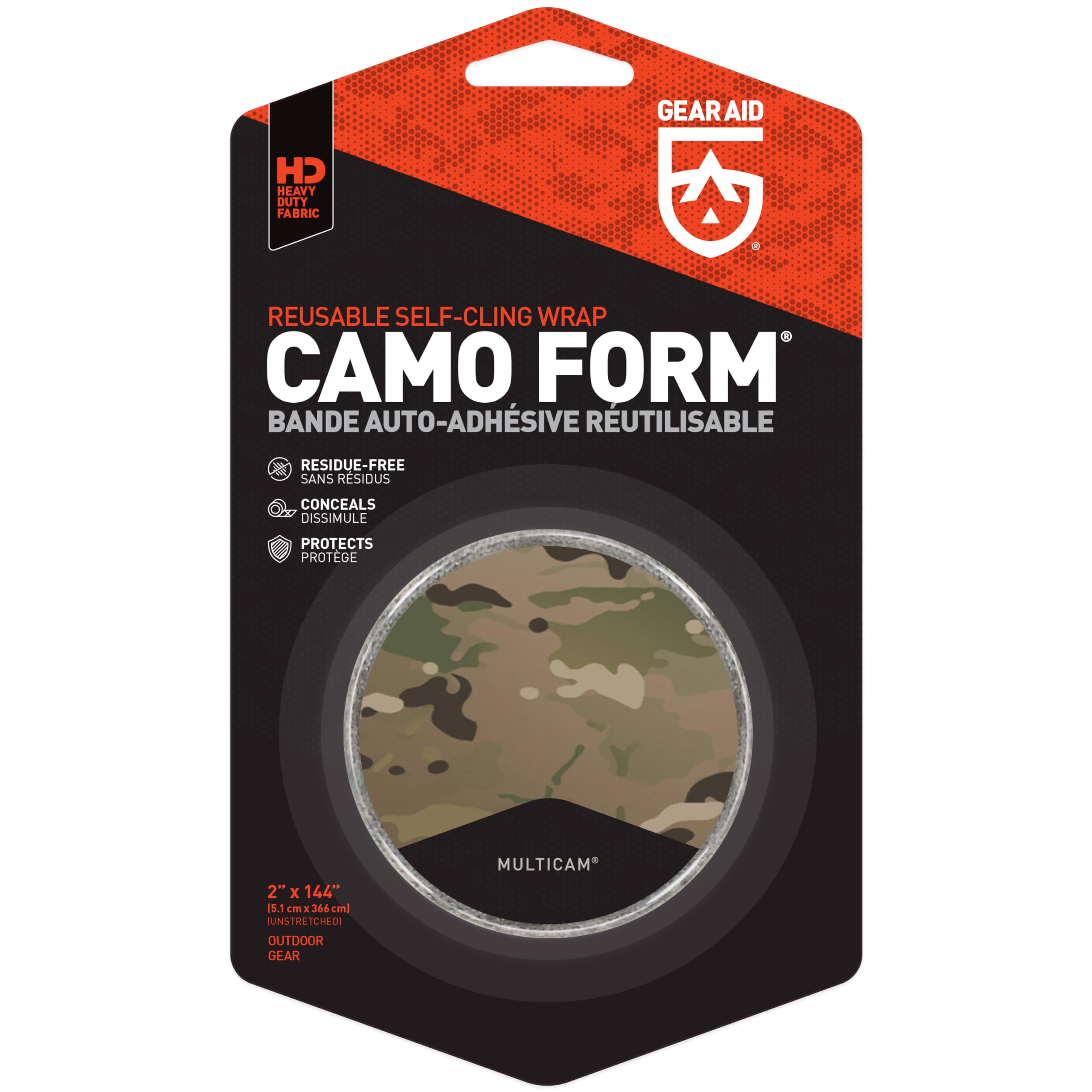 GEAR AID Camo Form Self-Cling and Reusable Fabric Camouflage Wrap, Adds Grip and Shield Hands from Hot or Cold Surfaces to Protect You and Your Equipment, Multicam, 2” x 144” Roll, 1 Pack