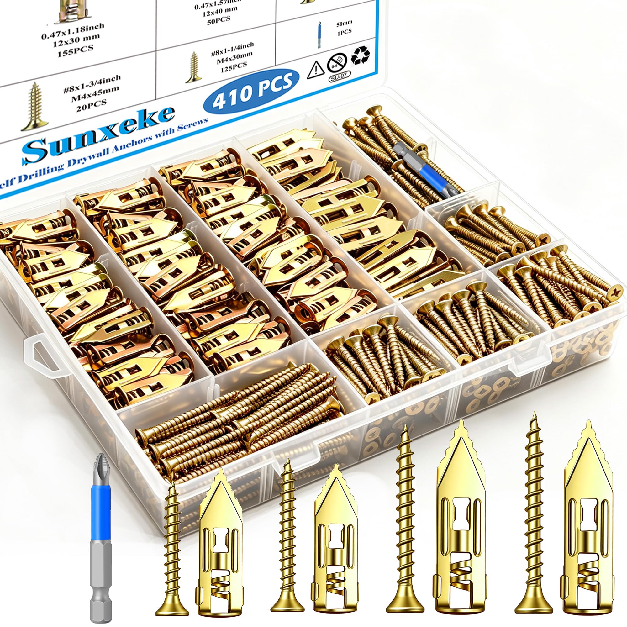 Sunxeke 410PCS Self Drilling Drywall Anchors and Screws Kit, Heavy Duty Wall Anchors for Drywall, Zinc Plated Self Drilling Anchor Screws, No Drill Needed for Picture Hanging & Furniture Fixing
