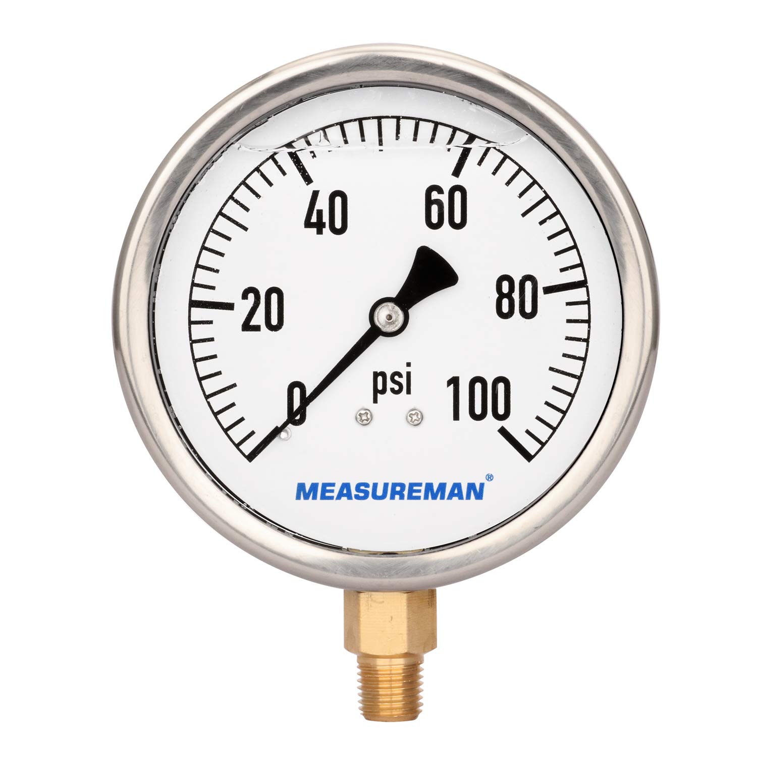 MEASUREMAN 4" Dial Size, Glycerin Filled Plumbing Pressure Gauge, 0-100psi, Stainless Steel Case, 1/4" NPT Lower Mount
