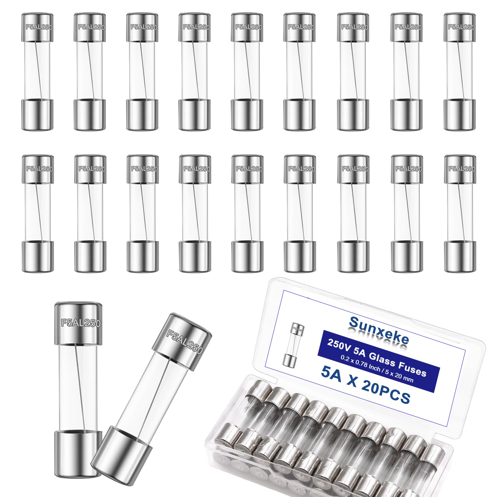 Sunxeke 20PCS F5AL250V 5 x 20mm Fast Blow Glass Fuses 5A 5Amp 250V Glass Fuse,0.2 x 0.78 Inch