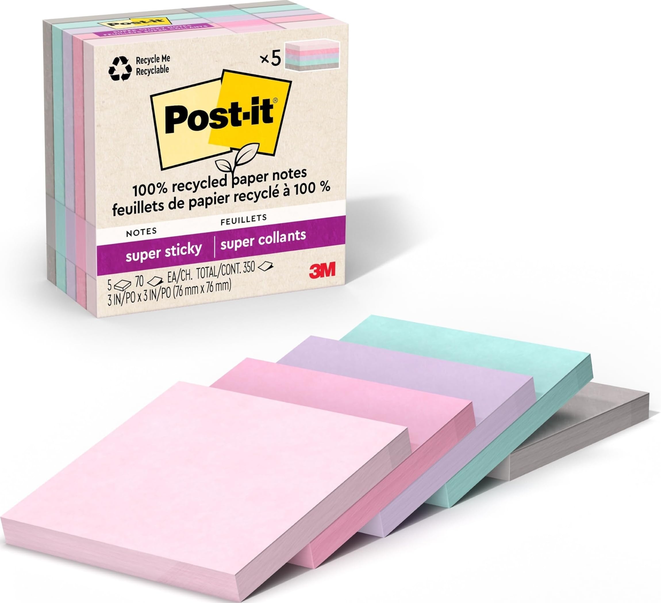 Post-it 100% Recycled Super Sticky Notes, 3 x 3 in, Pastels, 5 Pads