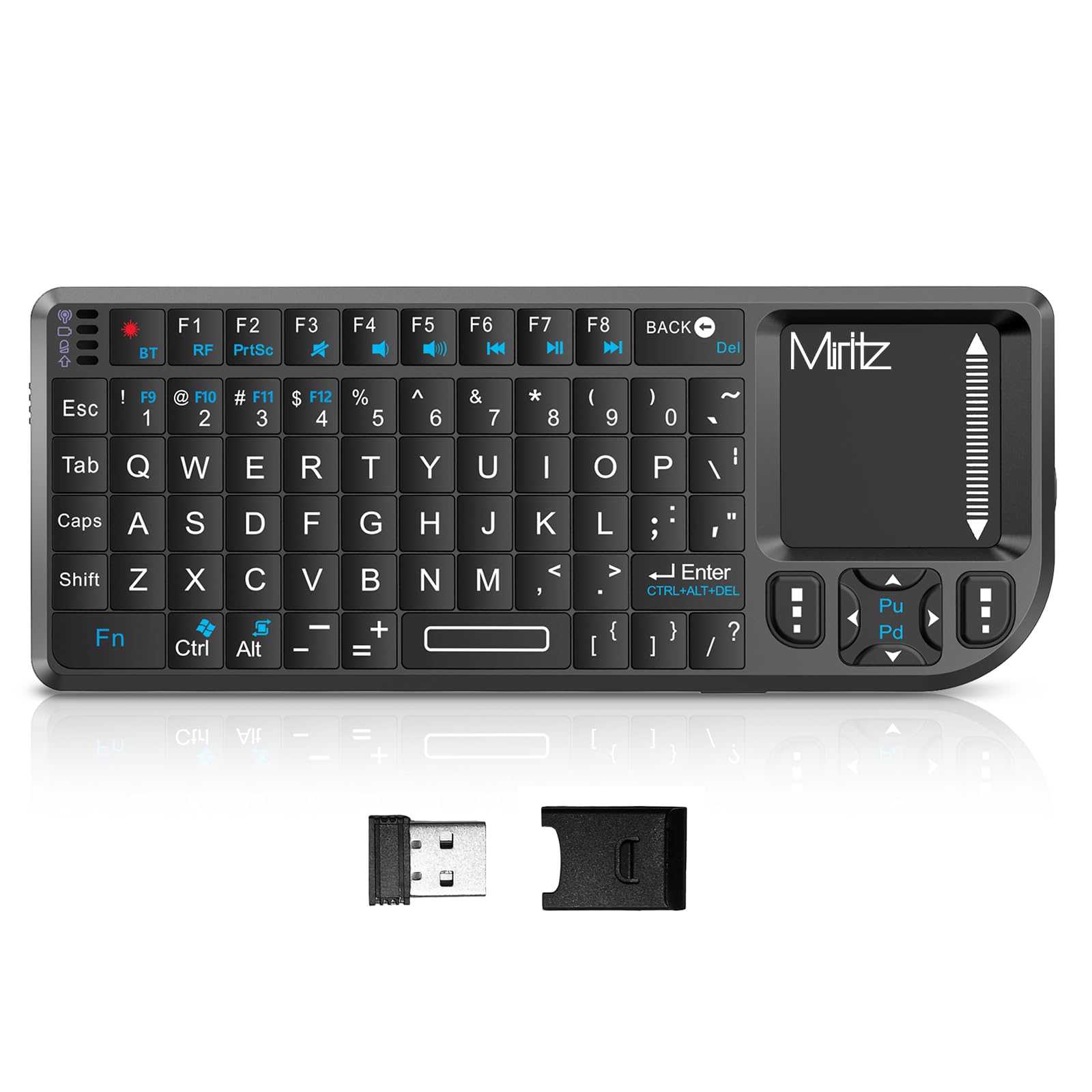 Miritz Mini Keyboard with Touchpad, Bluetooth &2.4G Dual Mode & Backlit, USB-C Rechargeable, Compatible with iPad, Mac, Windows, Android - Ultra-Thin Portable for Travel, Office, Home - Black