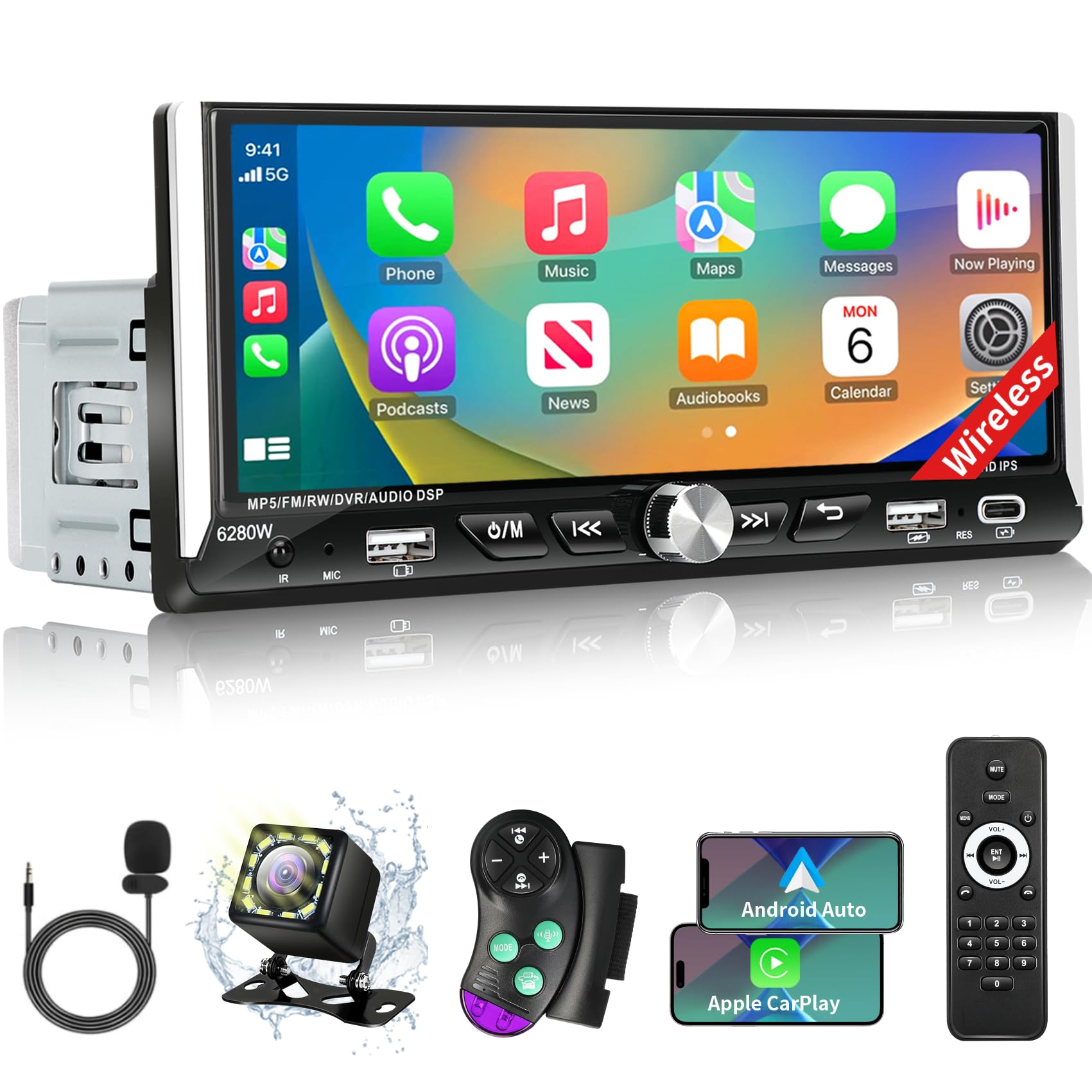 Single Din Radio Car Stereo with Wireless Apple Carplay & Android Auto, 6.9" IPS Touchscreen Car Stereo with Bluetooth 1080P Backup Camera Mirror Link Navigation USB Type-C Fast Charging FM/AM EQ SWC