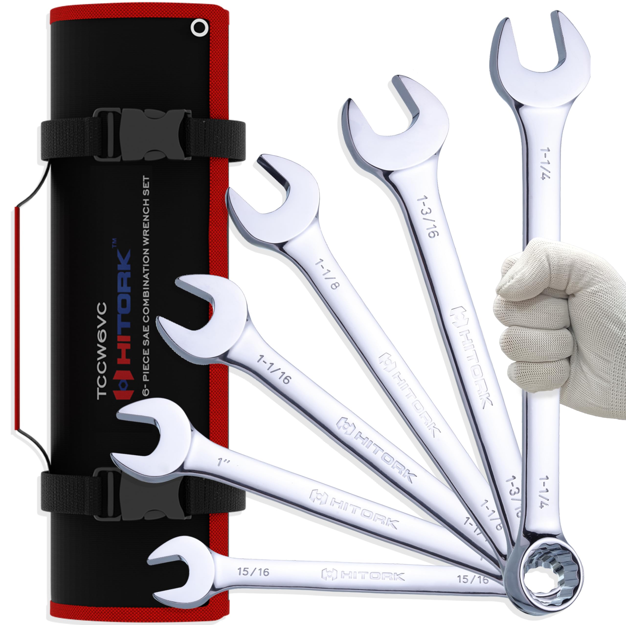 Hitork 6-Piece Large SAE Wrench Set, 12-Point Box End, Drop Forged Chrome-Plated Cr-V Steel, 15° Offset, Polished, Roll Pouch Included – Sizes 15/16” to 1-1/4”