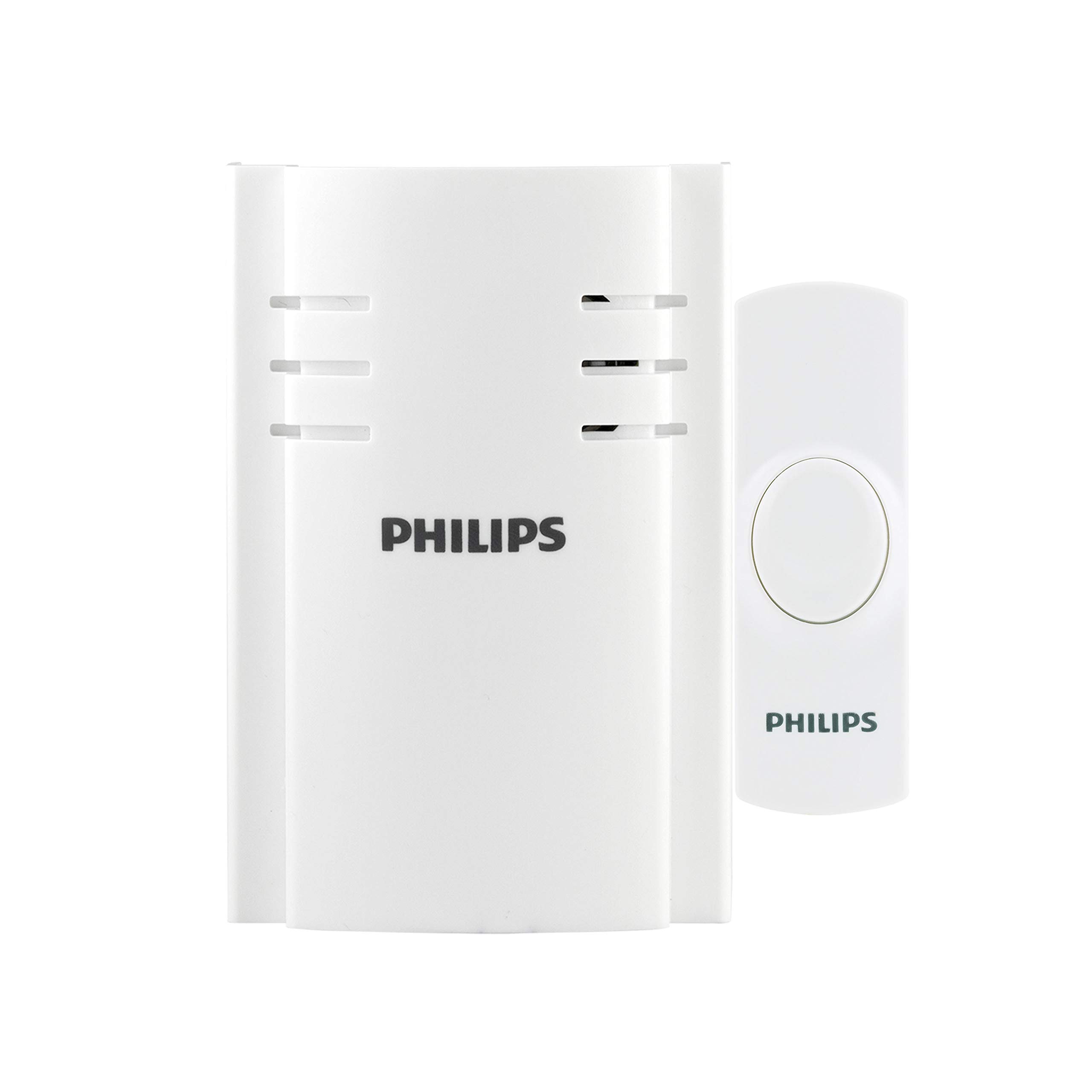 Philips Wireless Doorbell Kit, Plug-In Reciever, 1 Push Button, 2 Melodies, 4 Volume Levels, 150 Ft Range, White, DES2120W/27