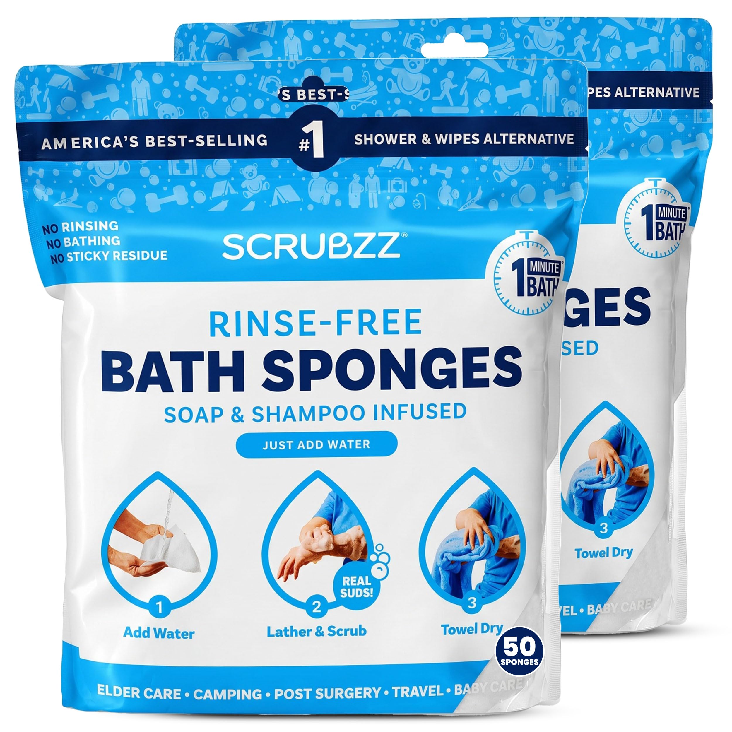 Scrubzz Disposable No Rinse Bathing Wipes - All-in-1 Single Use Shower Wipes, Simply Dampen, Lather, and Dry Without Shampoo or Rinsing (Unscented, 2-Pack)