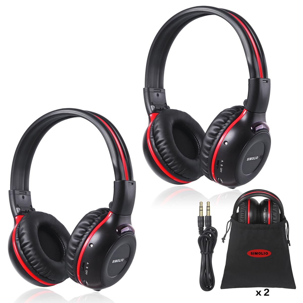 SIMOLIO 2 Pack of Wireless Car Headphones, 2 Channel IR Wireless Headphones for Kids, Not Bluetooth, in Car DVD Headsets with Storage Bag for Vehicle Universal Rear Entertainment System