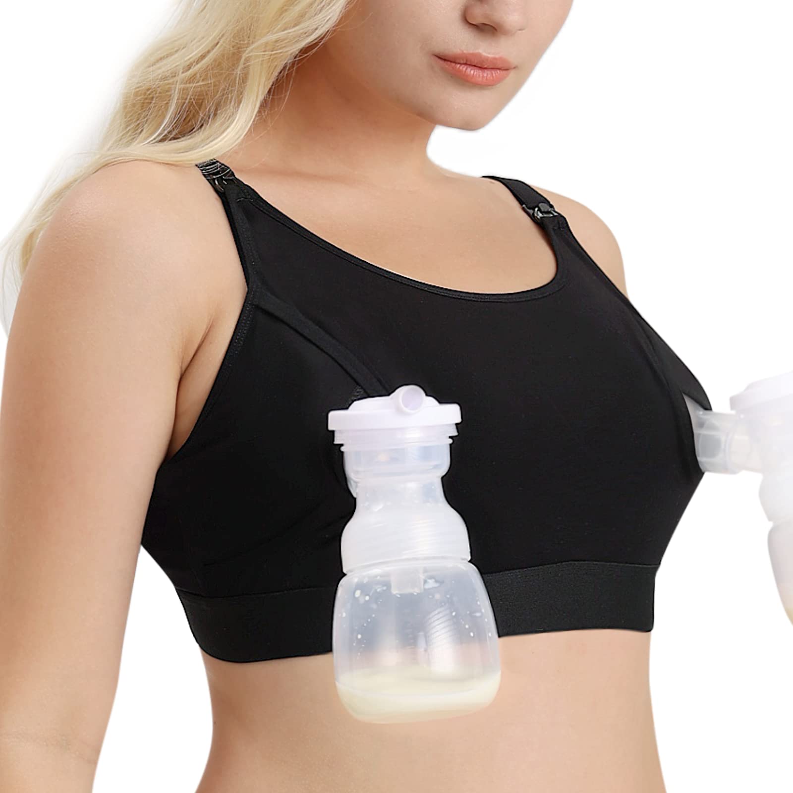 Momcozy Hands Free Pumping & Nursing Bra, Adjustable Cotton Breast Pump Bra, Medium/Black