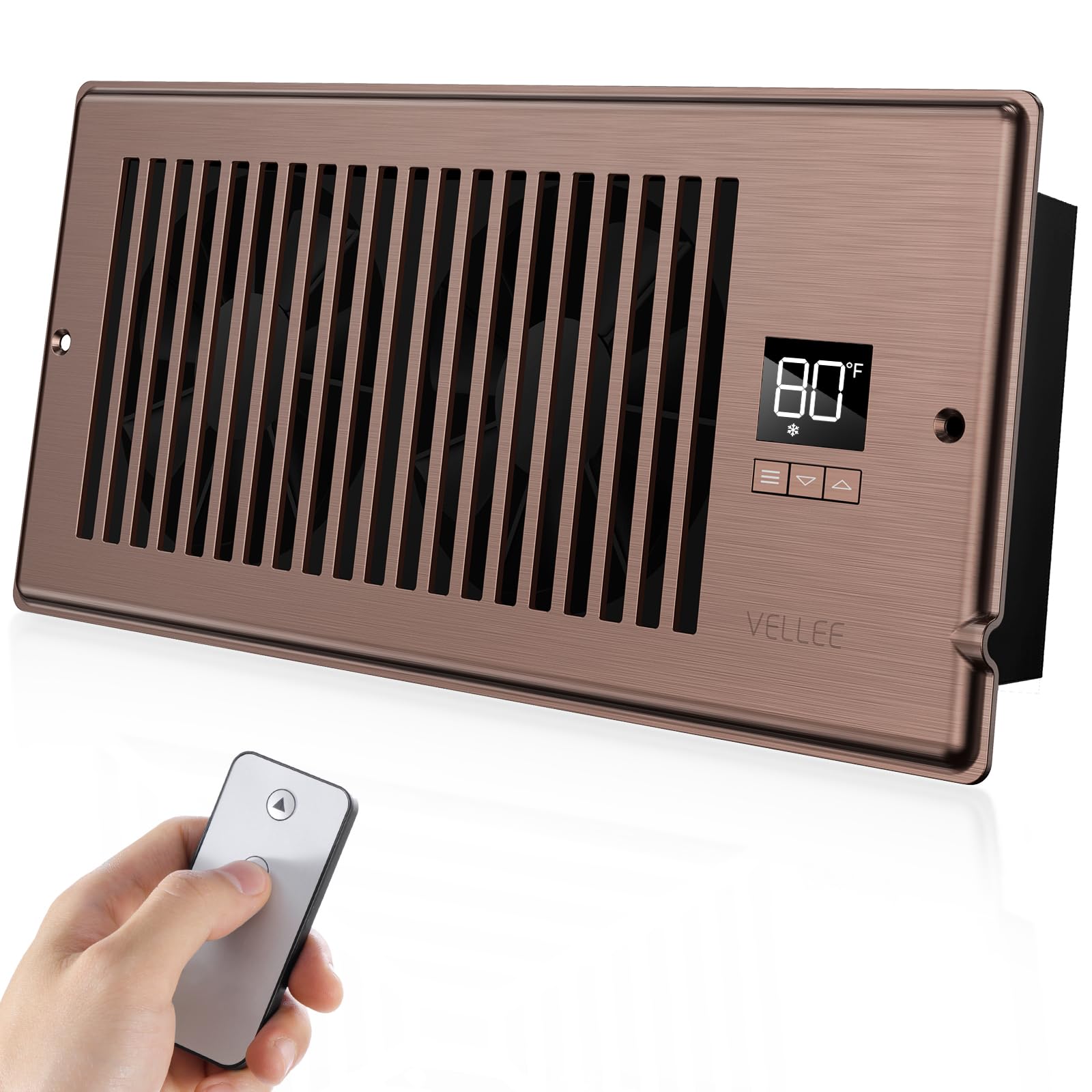 VELLEE Quiet Register Booster Fan Fits 4" x 10" (DUCT OPENING CUTOUT), 10-Speed Smart Heating Cooling AC Vent Booster Fan w/Remote Control & Thermostat Control (Vertical Grille - Bronze) - Corded