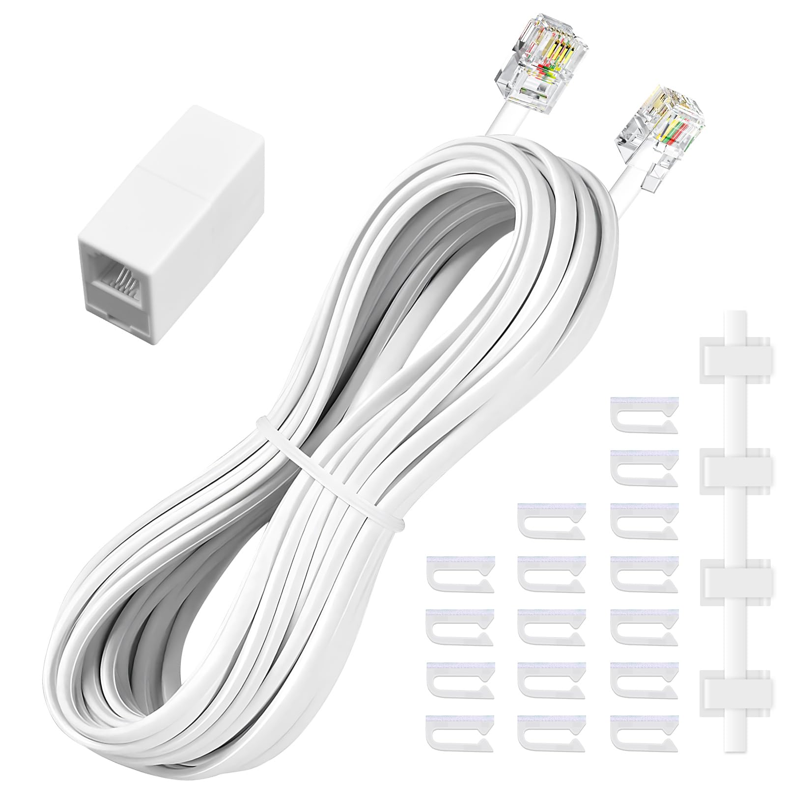 moeverEX Phone Extension Cord 25 Ft, Telephone Cable with Standard RJ11 Plug and 1 in-Line Couplers and 20 Cable Clip Holders, White