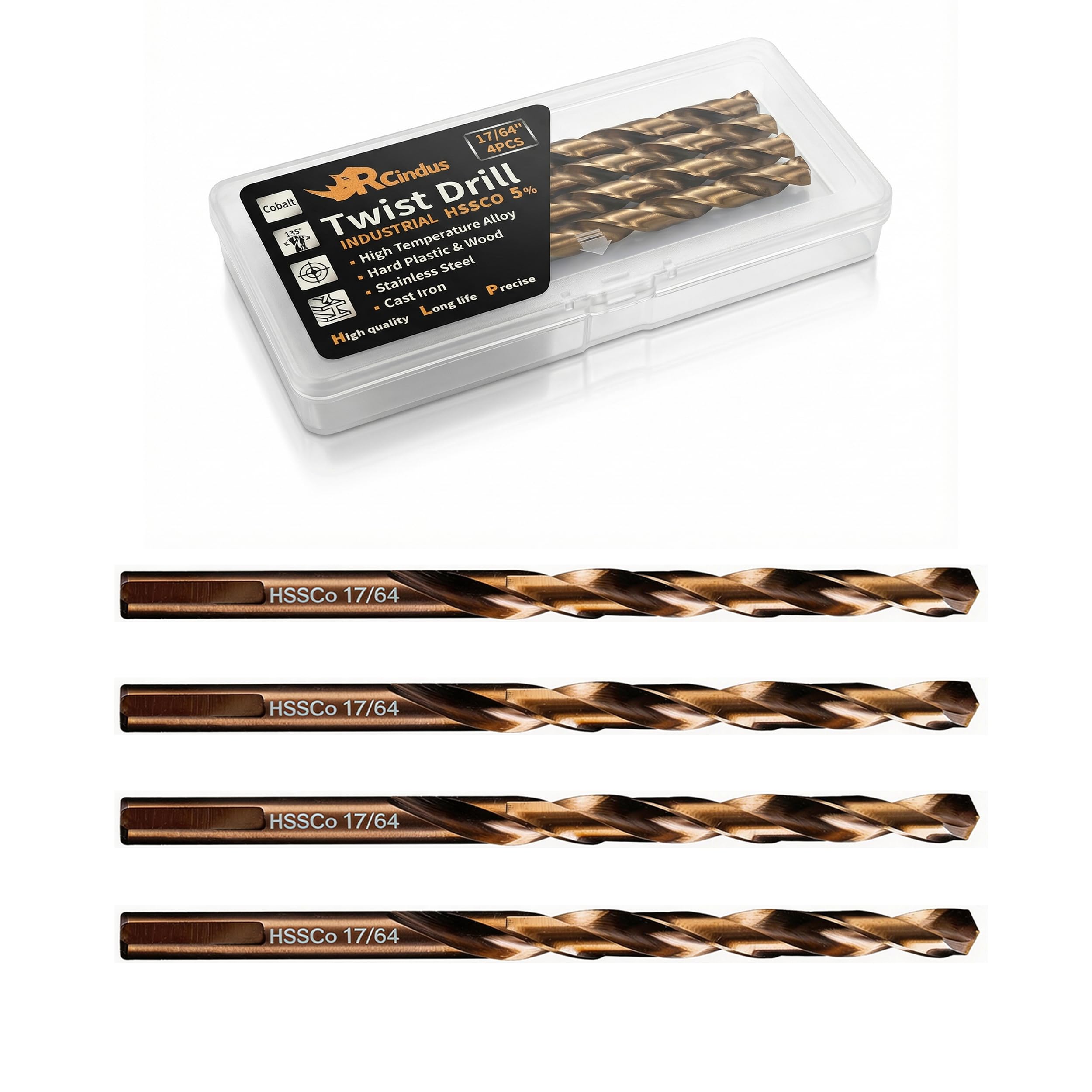 RCINDUS (4PCS) 17/64" Cobalt Drill Bit, HSS M35 Metal Drill Bits for Steel, Stainless Steel, Cast Iron, Hard Plastic and Wood