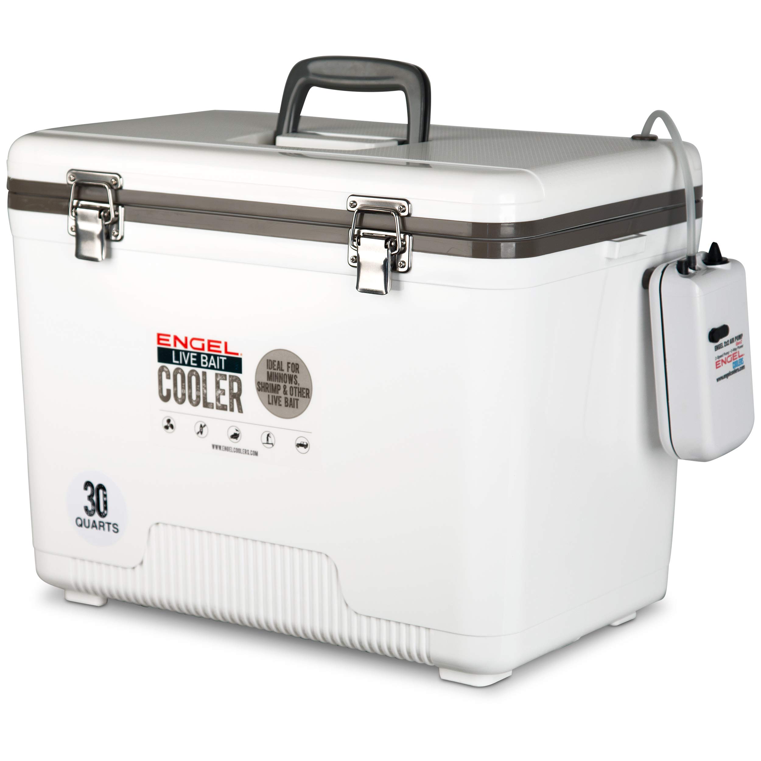 Engel 30qt Live Bait Cooler Box with 2nd Gen 2-Speed Aerator Pump - Portable Fishing Station & Minnow Bucket for Shrimp & Other Live Fish with Aerator - ENGLBC30-N in White
