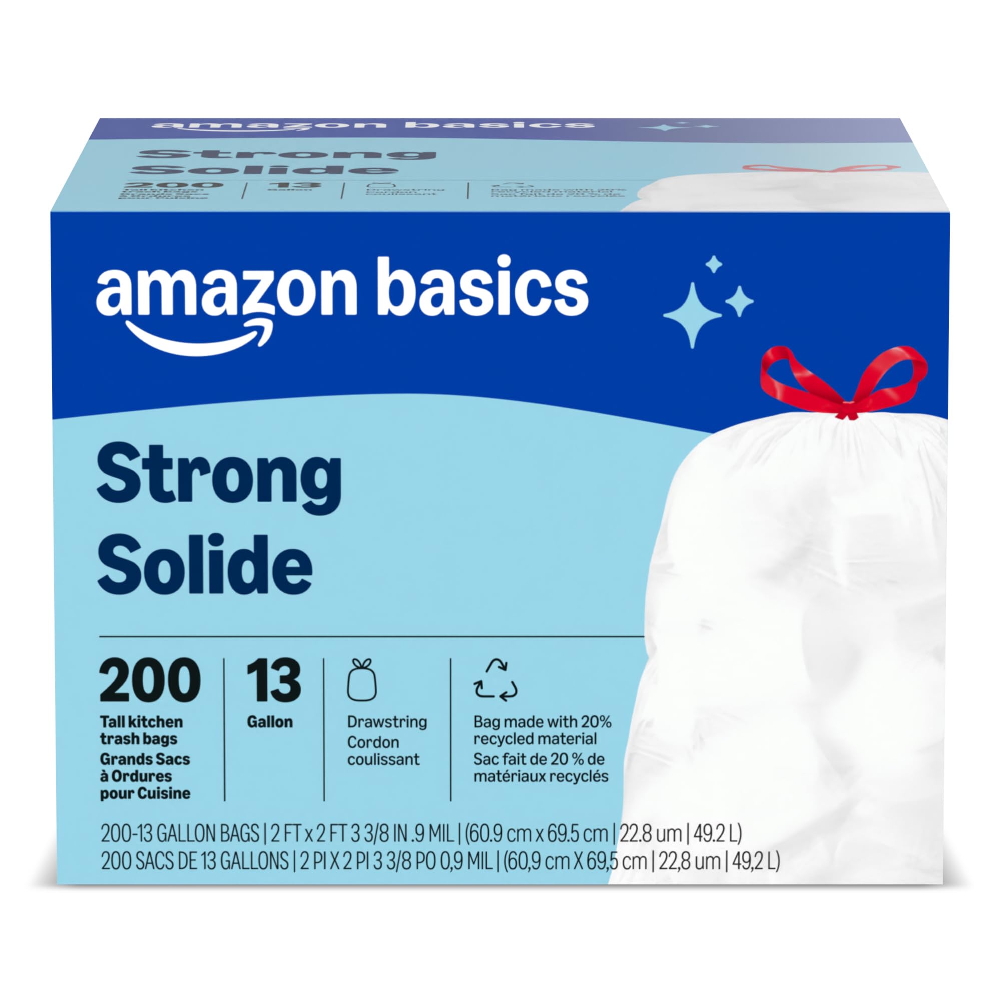 Amazon Basics Trash Bags, Tall Kitchen Drawstring, Unscented, 13 Gallon, 200 Count, Pack of 1, Packaging May Vary