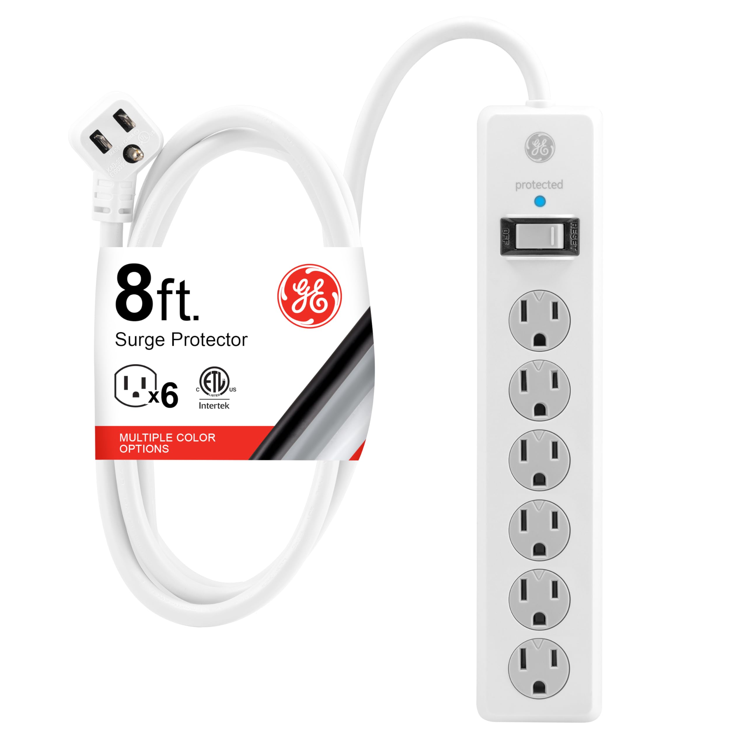 GE Surge Protector Power Strip, 8 Ft Extension Cord, 6 Outlet Extender, 800 Joules, Flat Plug, Twist-to-Close Safety Covers, ETL Listed, White, 67044