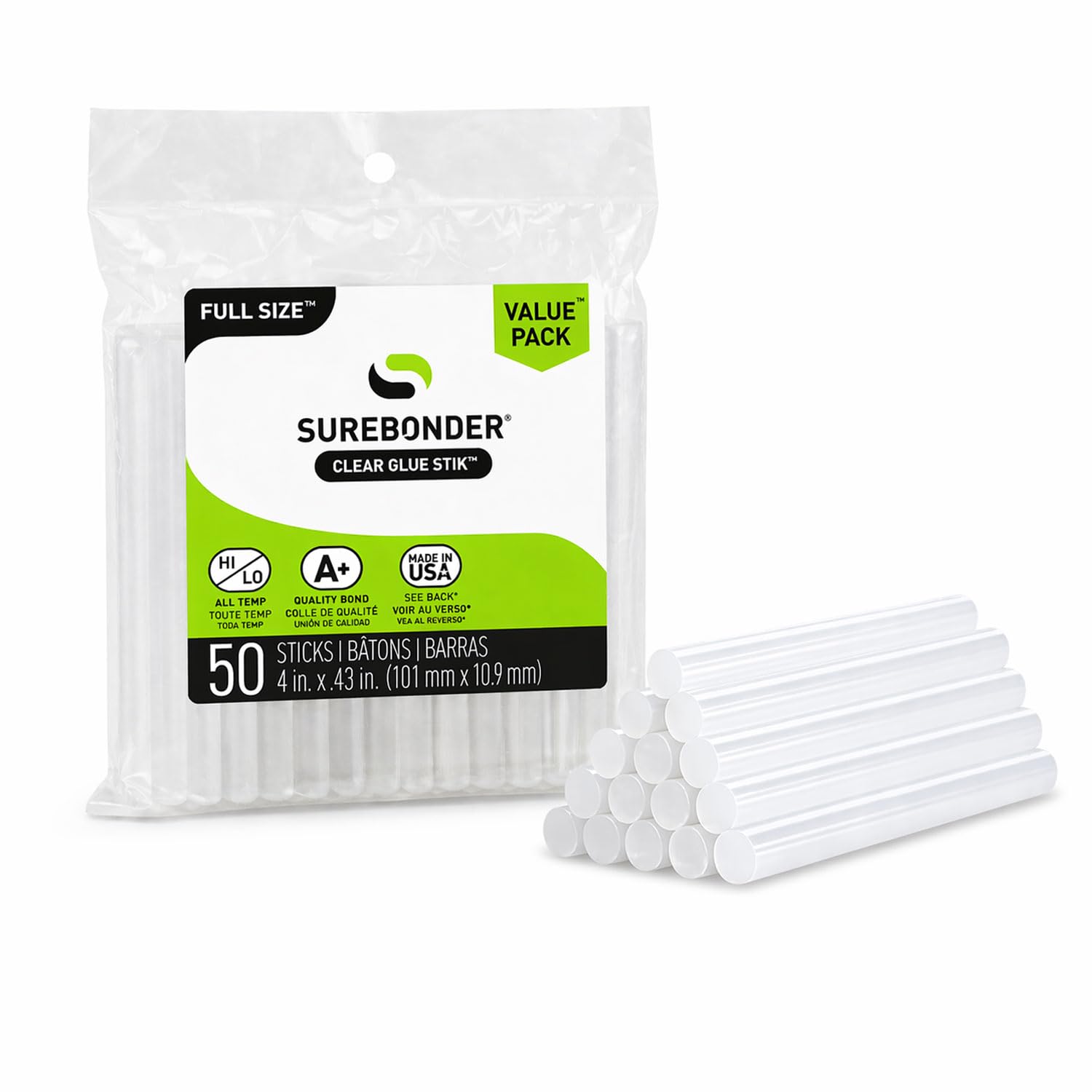 Surebonder Clear All-Purpose All-Temperature Full Size (0.43 Inch Diameter) 4-Inch Length Hot Glue Sticks-50 Pack-for USE in Full Size Glue Guns Only