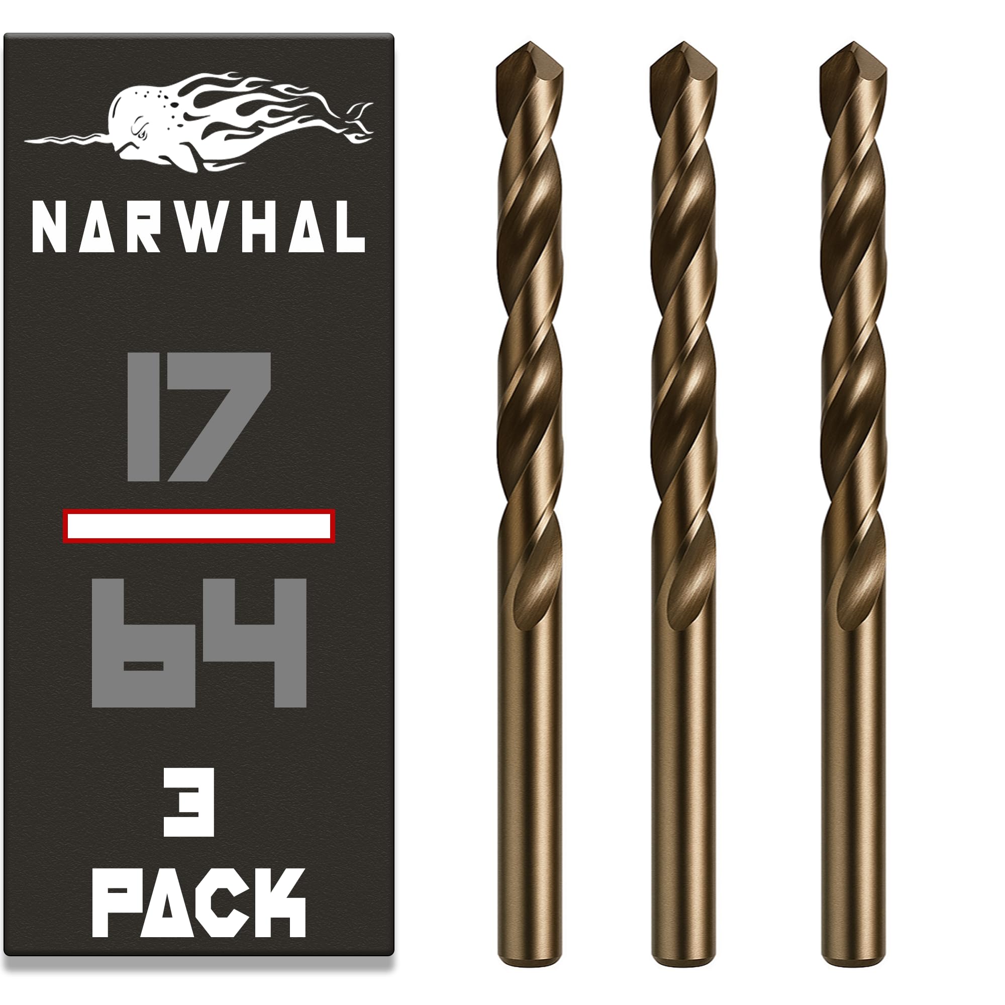 Narwhal 17/64 Inch Cobalt Drill Bits (3 Pack - Industrial Grade M35 Cobalt) 4-1/4" Length & 135 Degree Split Point for Drilling Into Metal, Hardened & Stainless Steel, Cast Iron, & More!