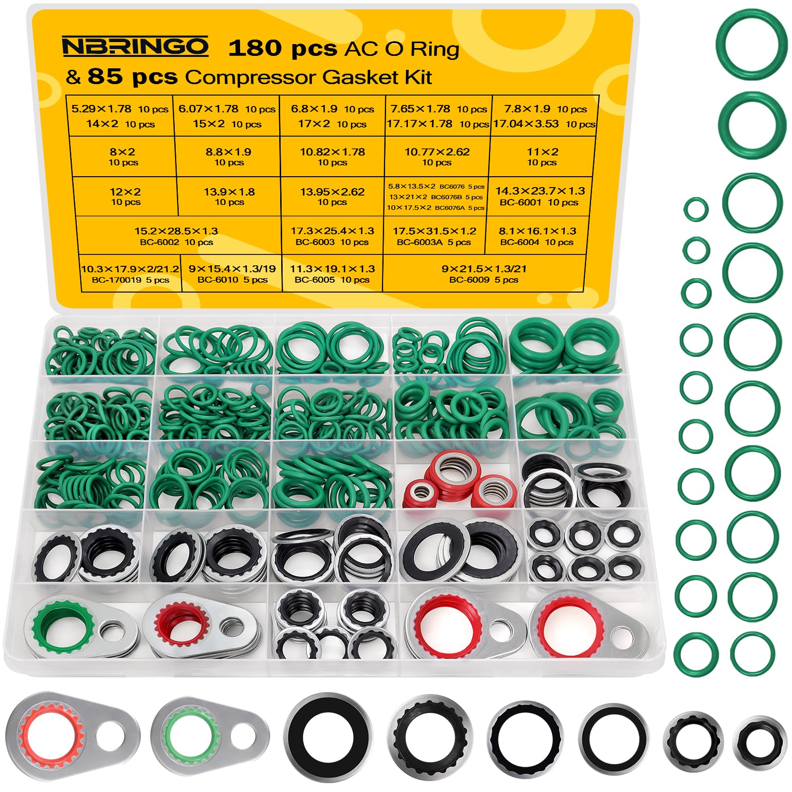 NBRINGO 265 Pcs Automotive AC O Ring & Gasket Seal Kit for R134a Systems