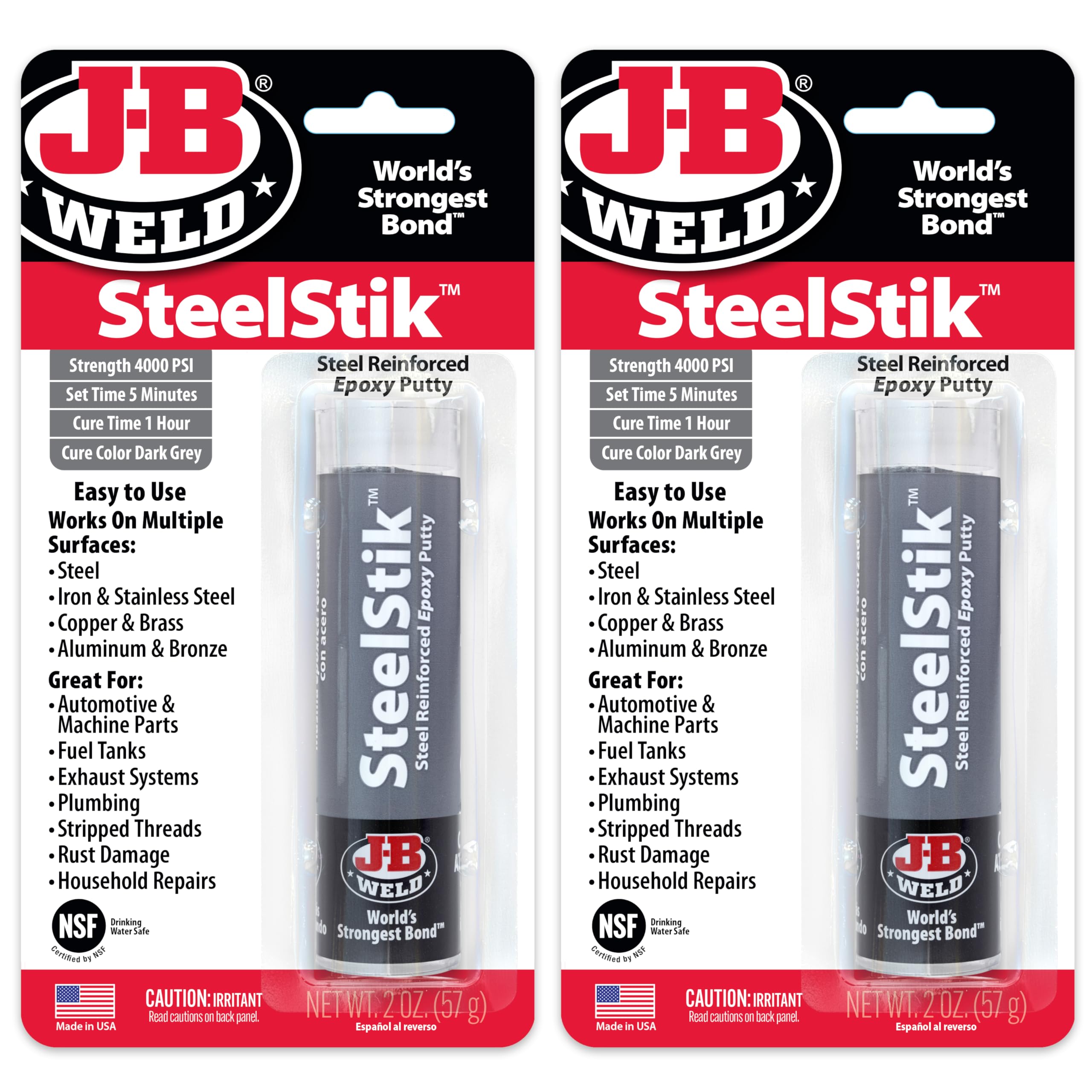 J-B Weld SteelStik, 1 Hour Cure, Steel Reinforced Epoxy Putty Stick - 2 Pack, Dark Grey (8267-2)